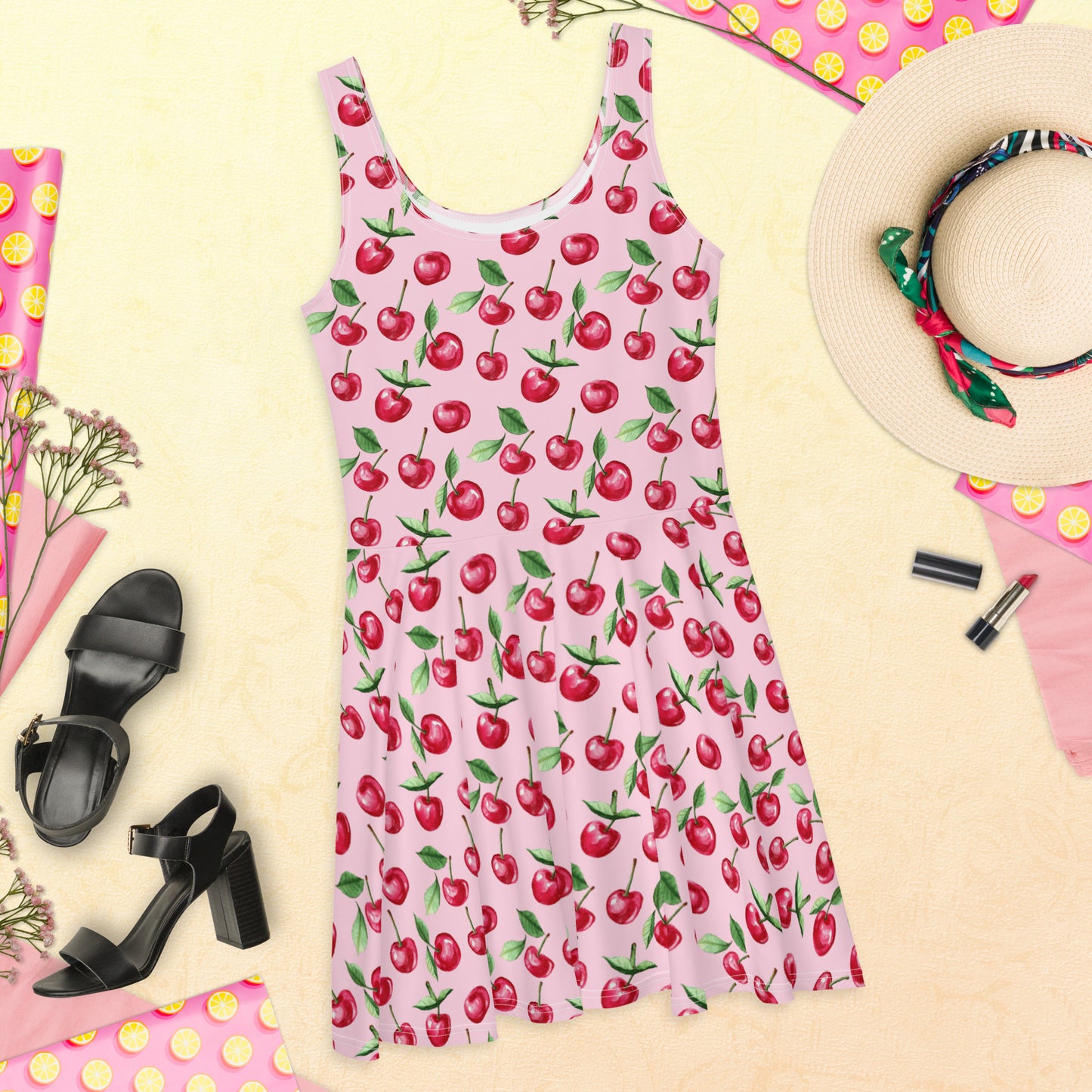 Add a pop of fun to your summer wardrobe with this cherry-print skater dress! Lightweight, playful, versatile & perfect for sunny outings and casual occasions.