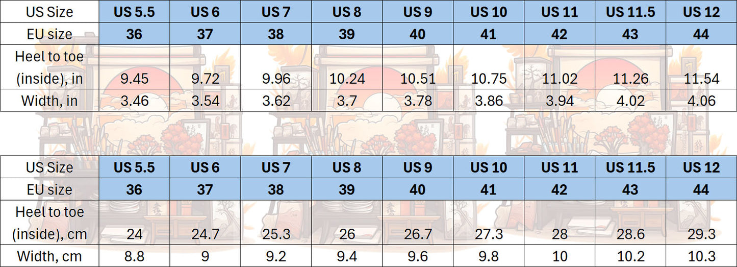 The Haven of Dreams Sneakers Size Chart