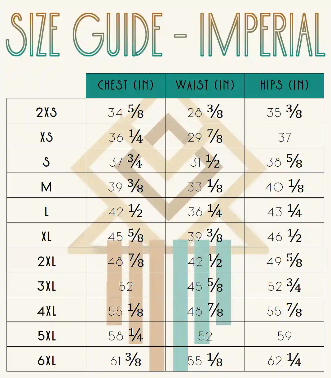Sweatshirt size chart using Imperial measurements