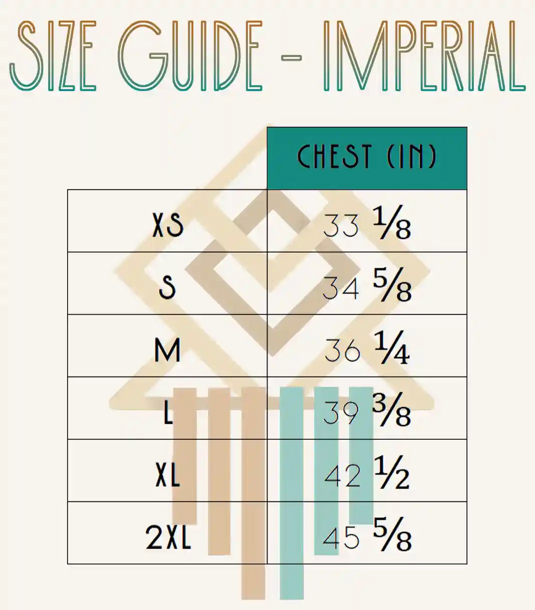 Size chart for t-shirts showing measurements in inches (Imperial units).