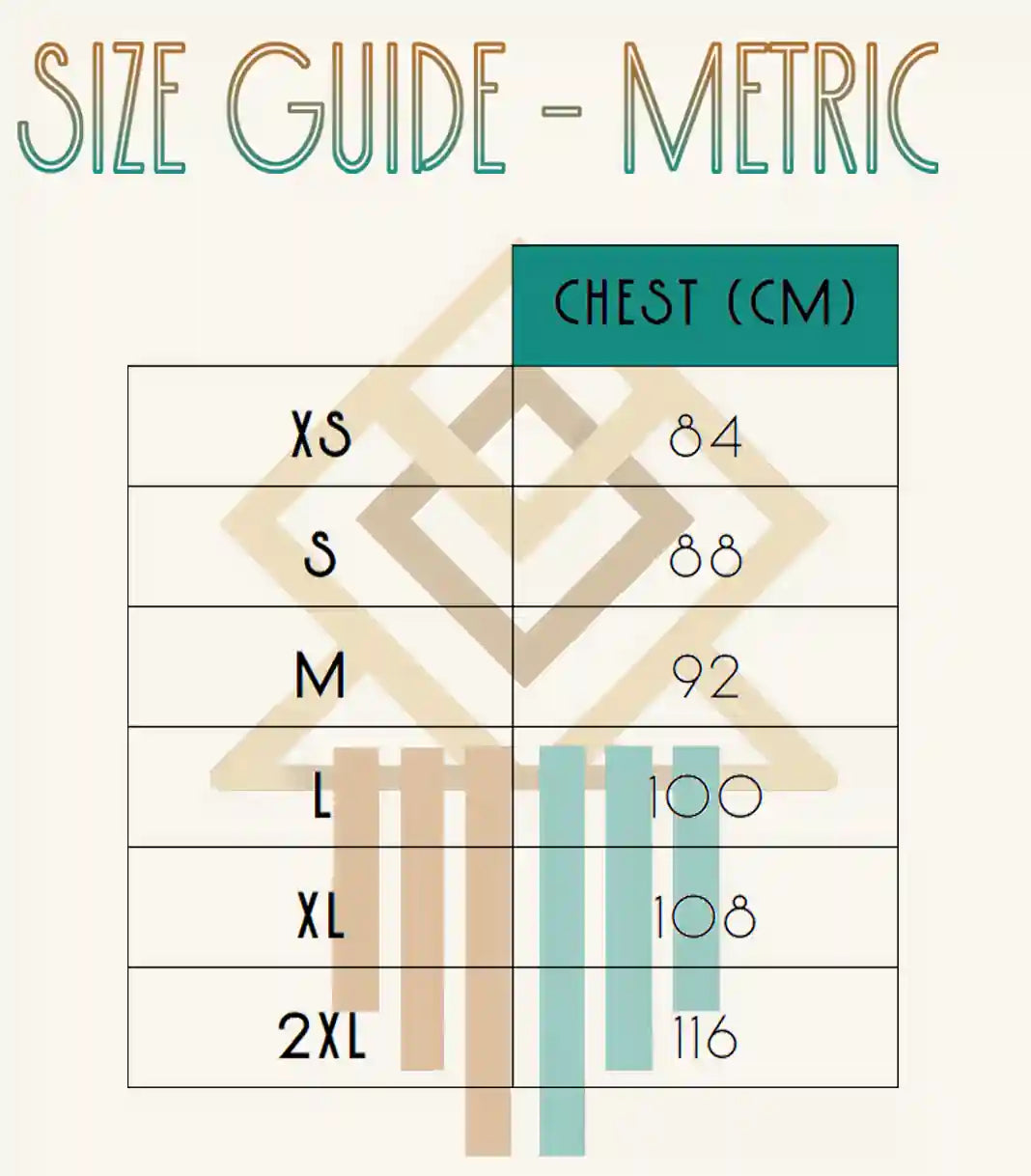 Size chart for t-shirts showing measurements in centimeters (Metric units).