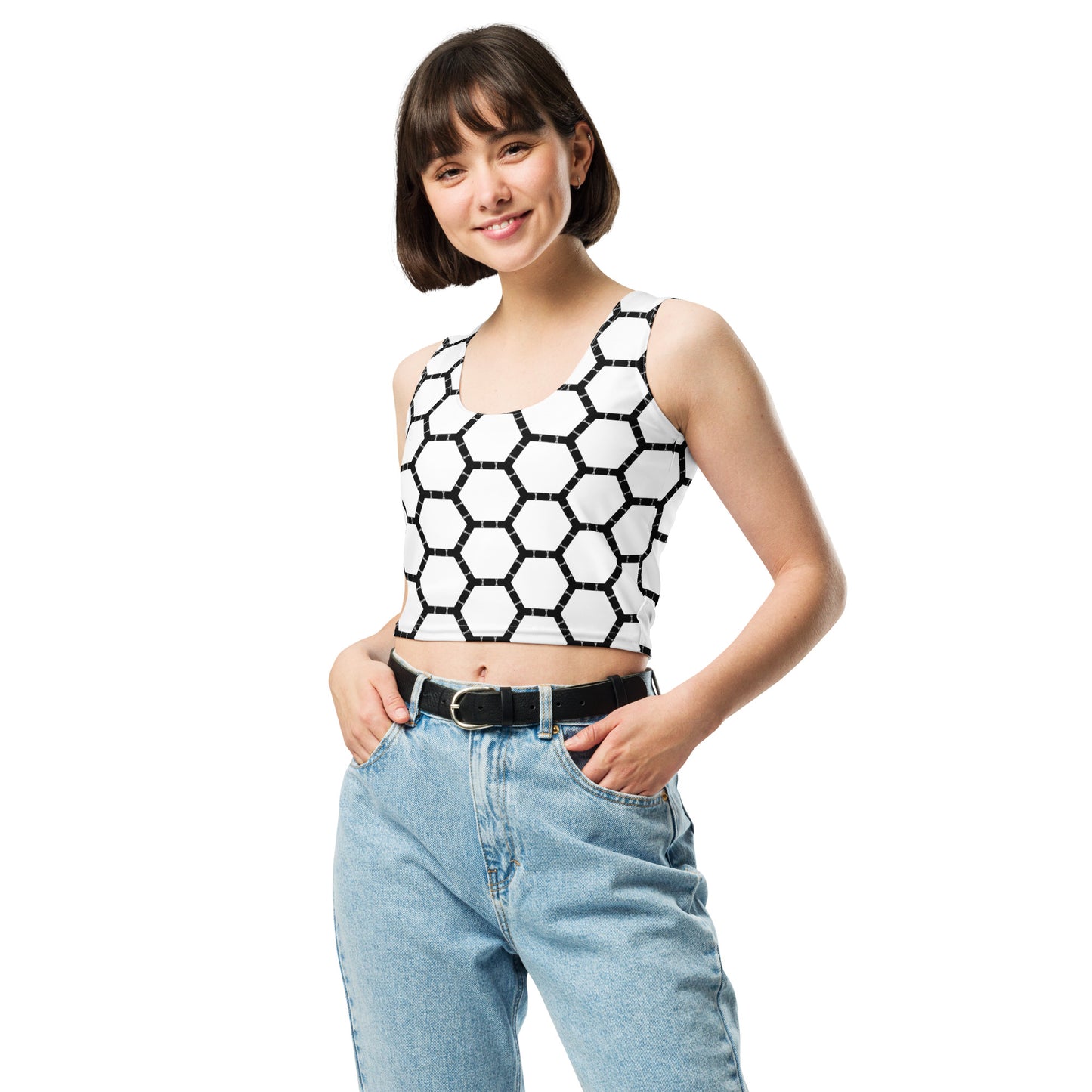 Stay stylish with this hexagon-pattern crop top! Lightweight, breathable, and perfect for gym or casual wear. Geometric design meets performance comfort.