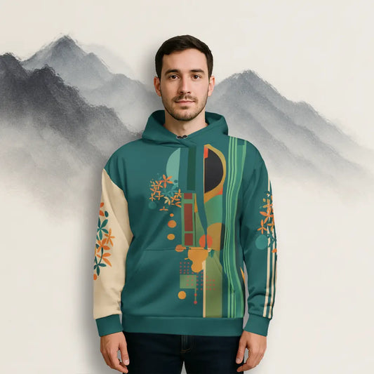 Model wearing the teal and beige hoodie with stylized figure and abstract floral print in an artistic setting. Shows the wearable art hoodie in a lifestyle context.