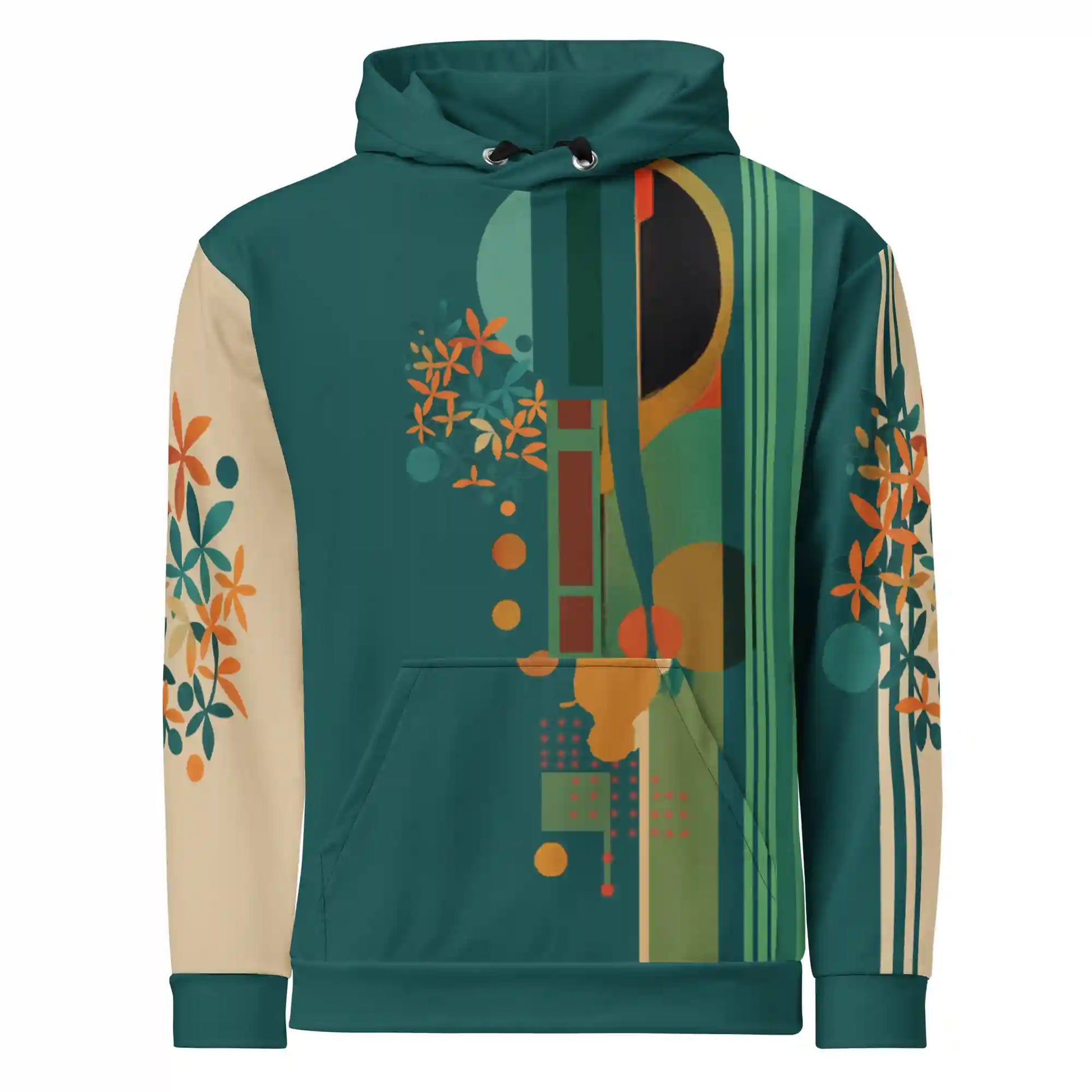 Teal and beige hoodie on ghost mannequin, front view. Features a bold abstract print with geometric shapes, lines, and floral motifs on the front body and beige sleeves. Shows front fit on a body form.