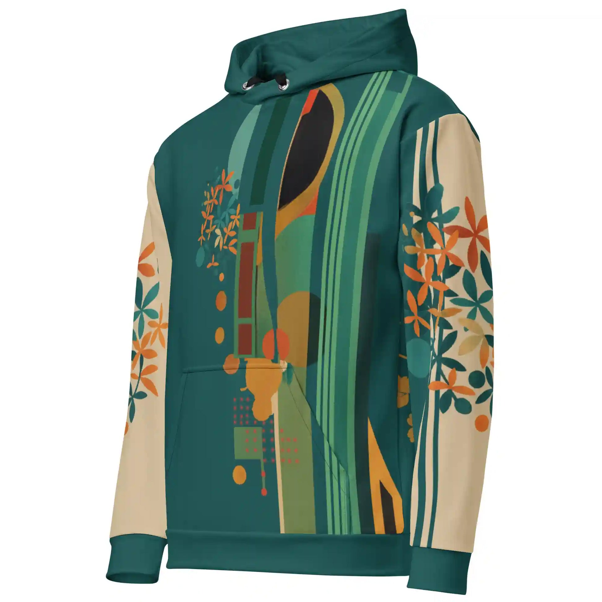 Teal and beige hoodie on ghost mannequin, angled front left view. Shows the abstract print design wrapping from the front body onto the side and left sleeve, including floral motifs. Shows side fit on a body form.