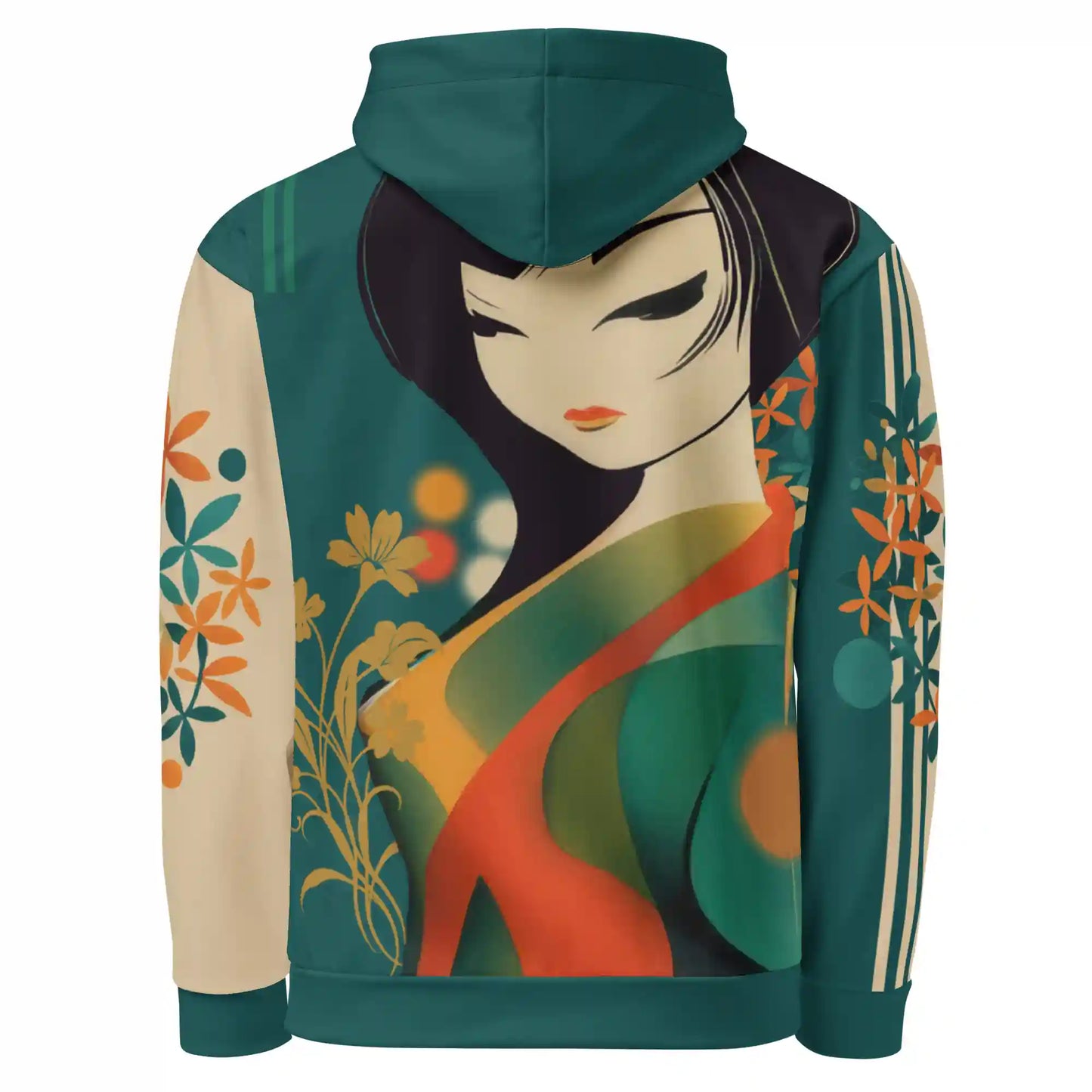 Teal and beige hoodie on ghost mannequin, back view. Features a large stylized figure illustration integrated with abstract shapes, lines, and floral motifs on the back body and beige sleeves. Shows back fit on a body form.