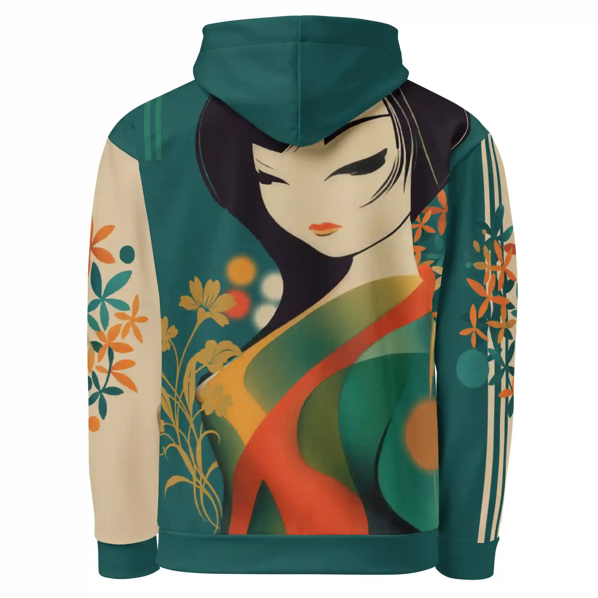 Teal and beige hoodie on ghost mannequin, back view. Features a large stylized figure illustration integrated with abstract shapes, lines, and floral motifs on the back body and beige sleeves. Shows back fit on a body form.