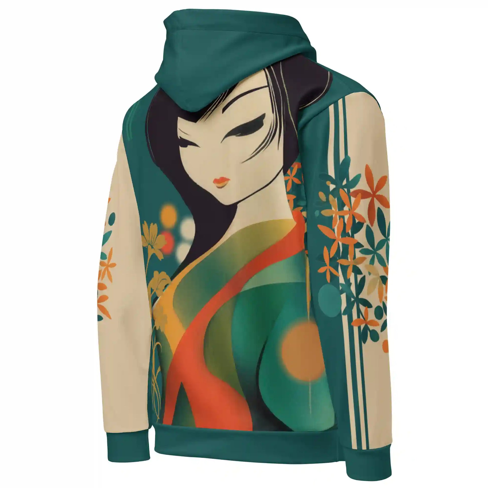 Teal and beige hoodie on ghost mannequin, angled back right view. Shows the stylized figure and abstract print design wrapping from the back body onto the side and right sleeve, including floral motifs. Shows side fit on a body form.