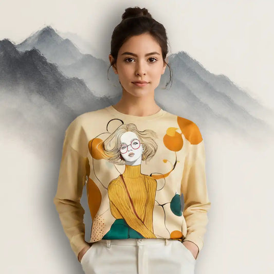 Female model wearing a cream sweatshirt with a stylized figure illustration and abstract print, standing against an artistic mountain backdrop. Shows the sweatshirt's fit and lifestyle context as wearable art.