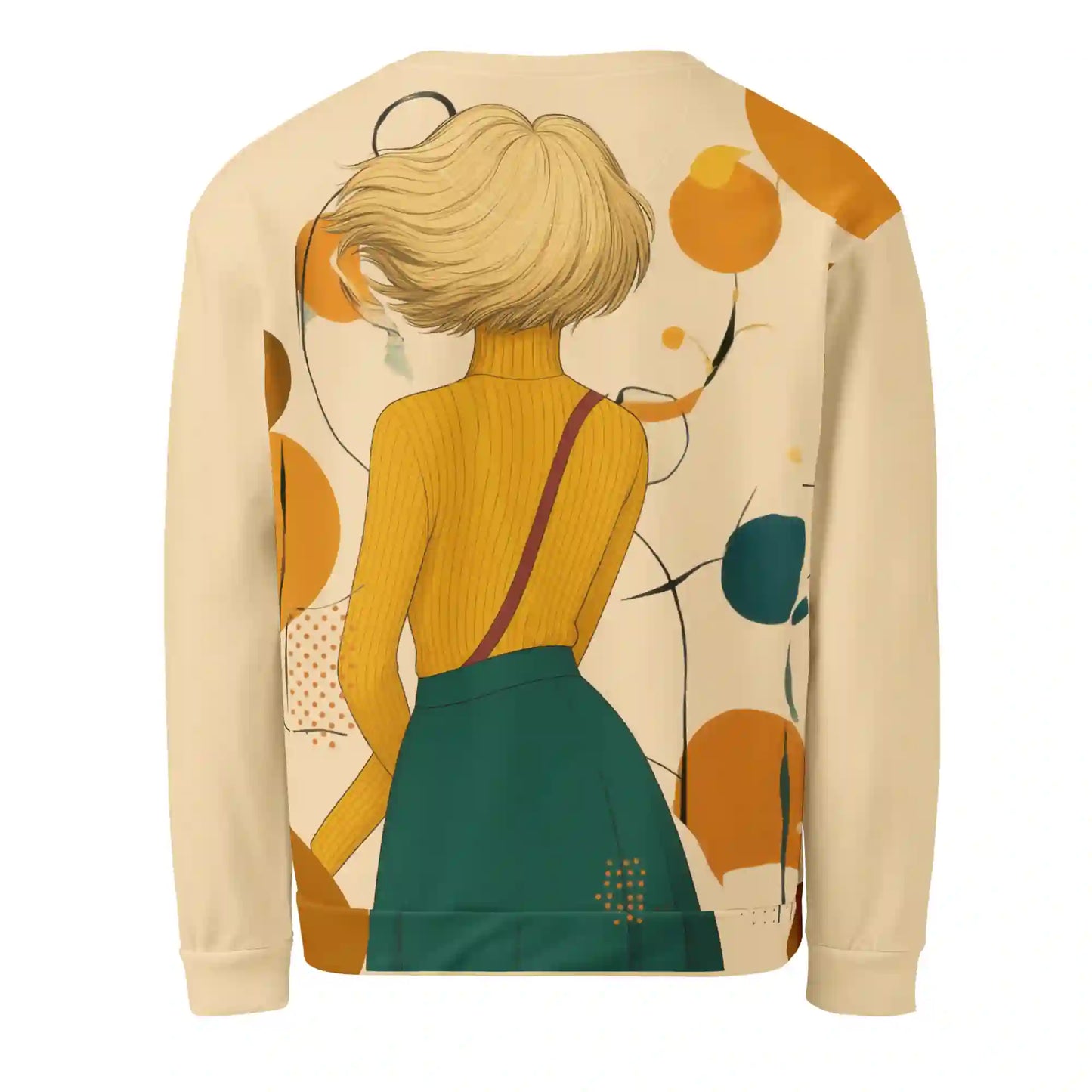 Cream sweatshirt on ghost mannequin, back view. Features the stylized figure illustration and abstract print design continuing on the back. Shows back fit on a body form.