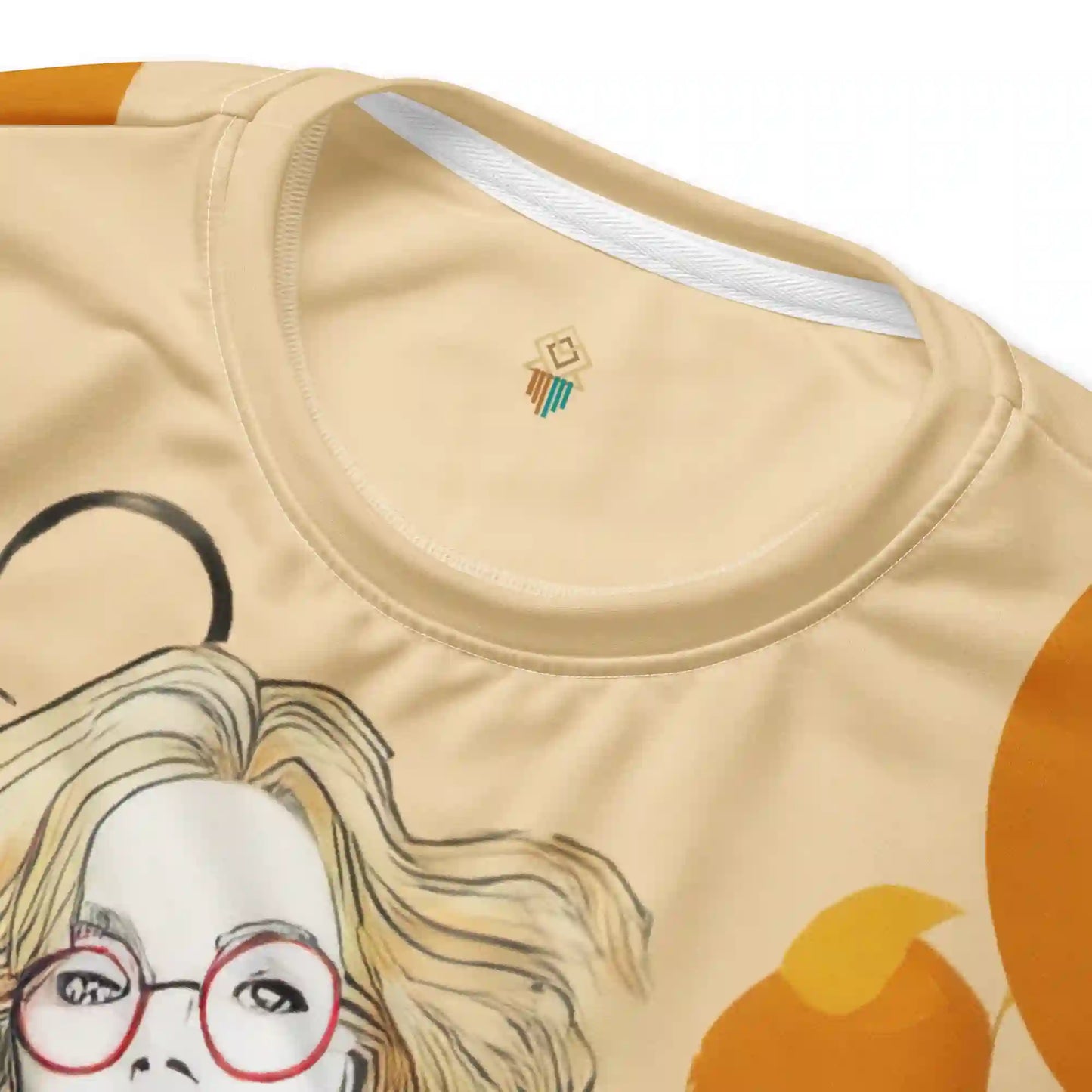 Close-up views of the cream sweatshirt fabric, neckline ribbing, and seams. Highlights the quality of the print on the fabric and garment construction, showing the stylized figure detail.