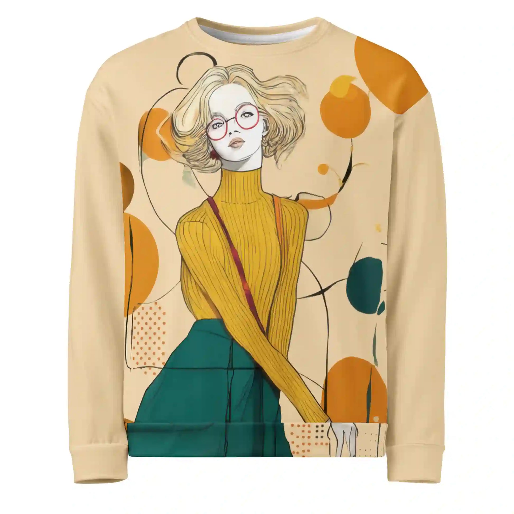 Cream sweatshirt on ghost mannequin, front view. Features a large print on the chest of a stylized figure with red glasses integrated into a design with abstract orange and teal shapes. Shows front fit on a body form.