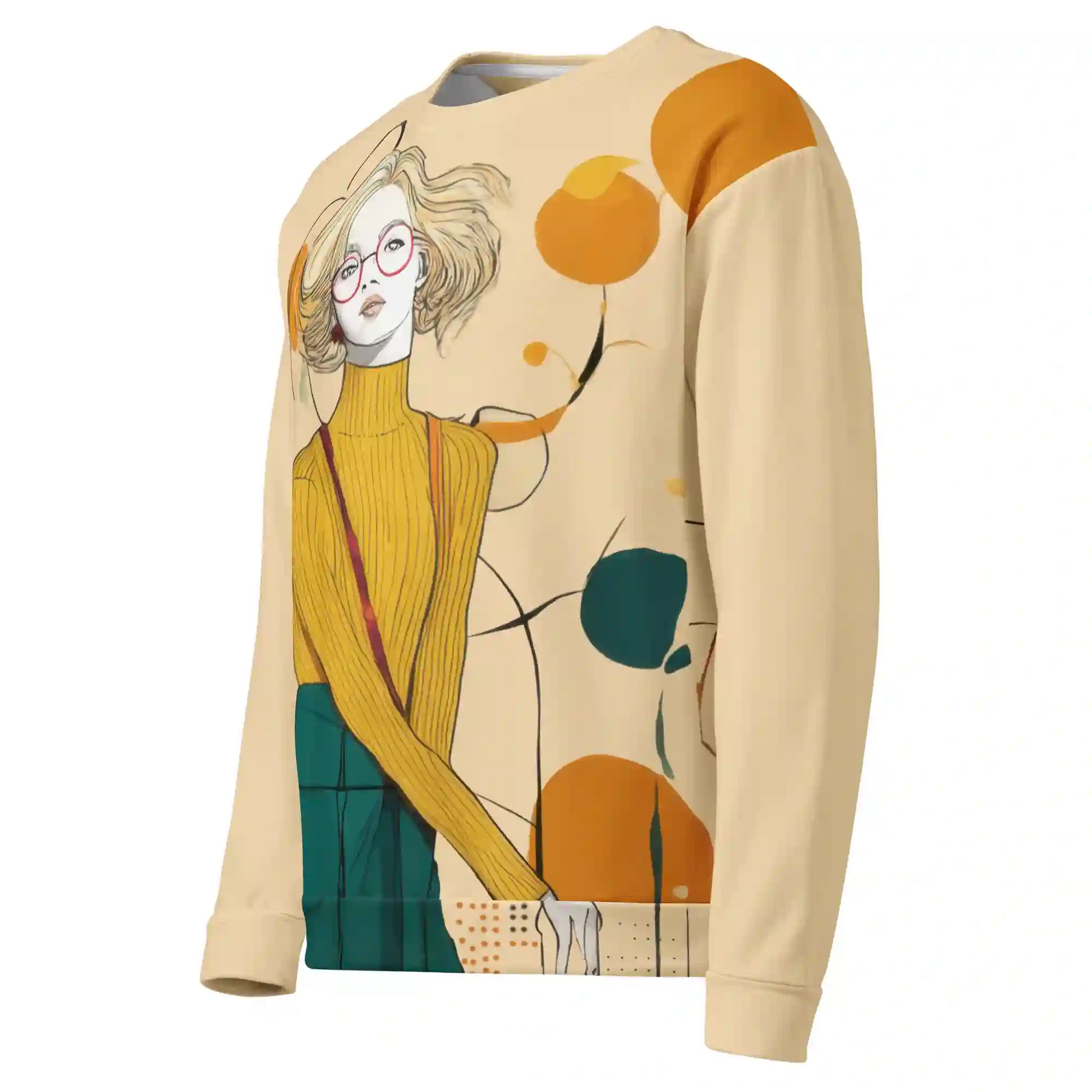 Cream sweatshirt on ghost mannequin, angled front left view. Shows the stylized figure and abstract print design wrapping from the front to the side and onto the left sleeve. Shows side fit on a body form.