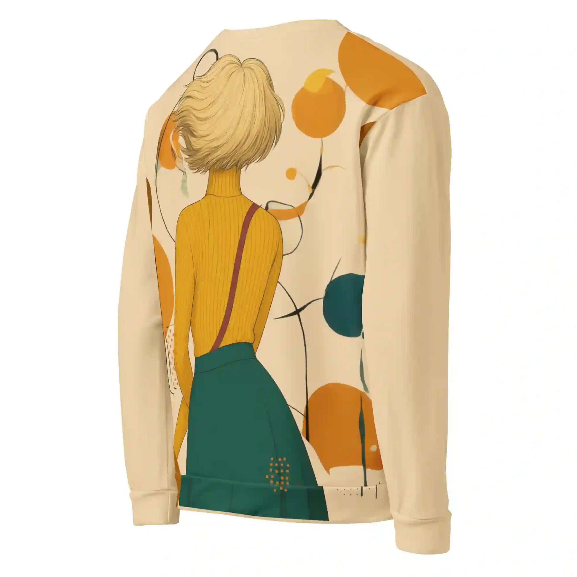 Cream sweatshirt on ghost mannequin, angled back right view. Shows the stylized figure illustration and abstract print design wrapping from the back to the side and onto the right sleeve. Shows side fit on a body form.