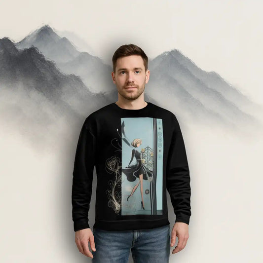 Male model wearing a black sweatshirt with a rectangular art print of a stylized figure in a black dress against a blue and abstract background, with a rose graphic. Shows the sweatshirt's fit and lifestyle context as wearable art.