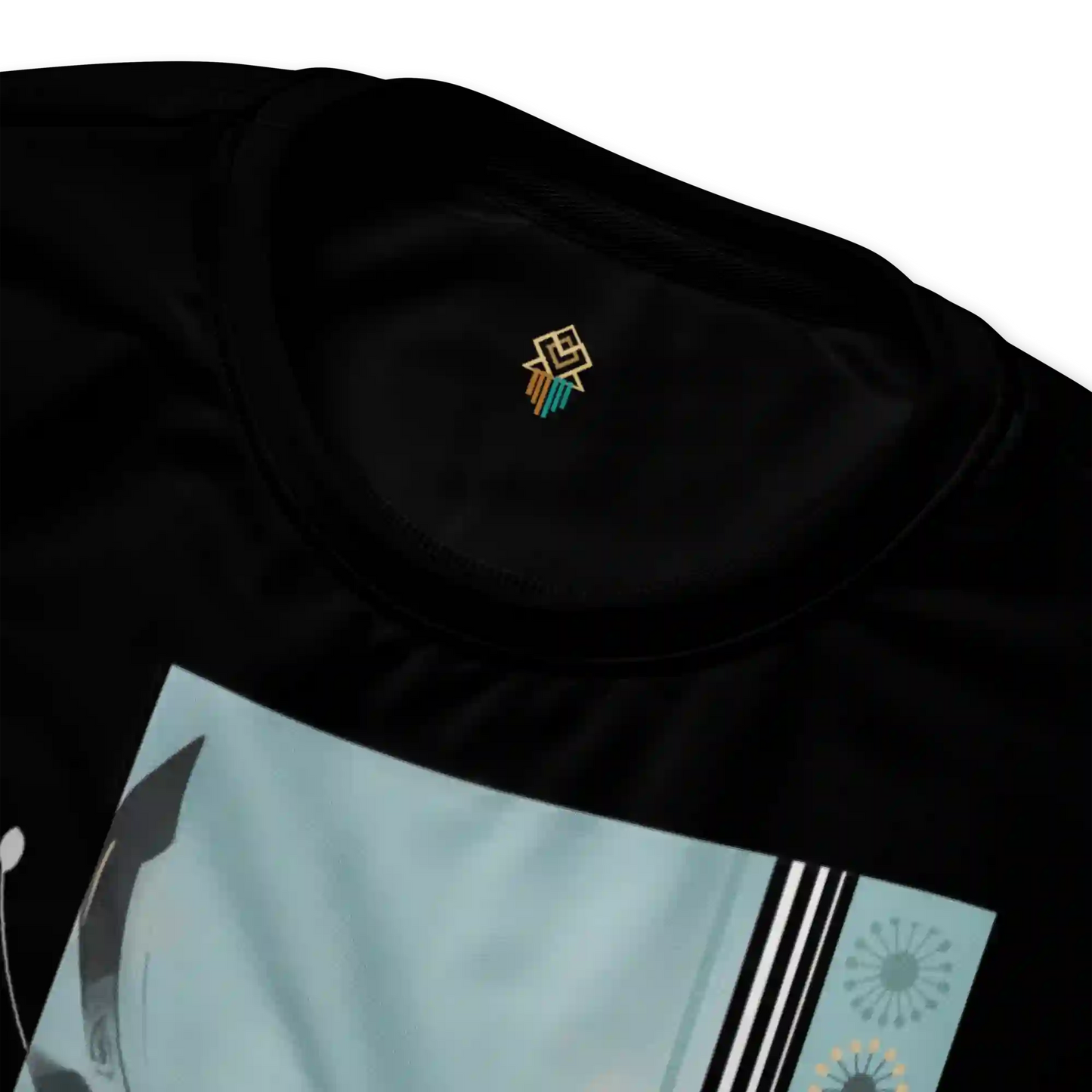 Close-up views of the black sweatshirt fabric, neckline, cuff, and hem ribbing. Highlights the quality of the print on the fabric (showing the graphic detail) and garment construction.