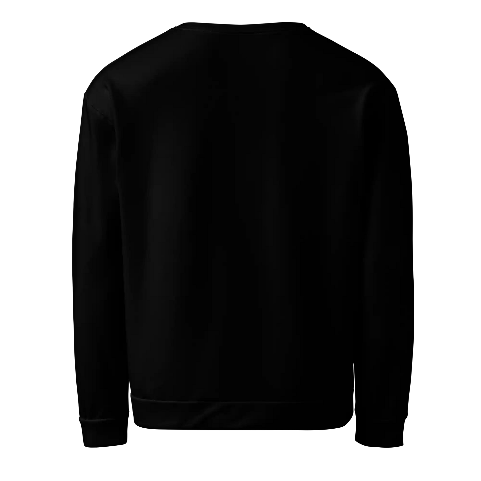 Black sweatshirt on ghost mannequin, back view. Garment is plain black with no print. Shows back fit on a body form.