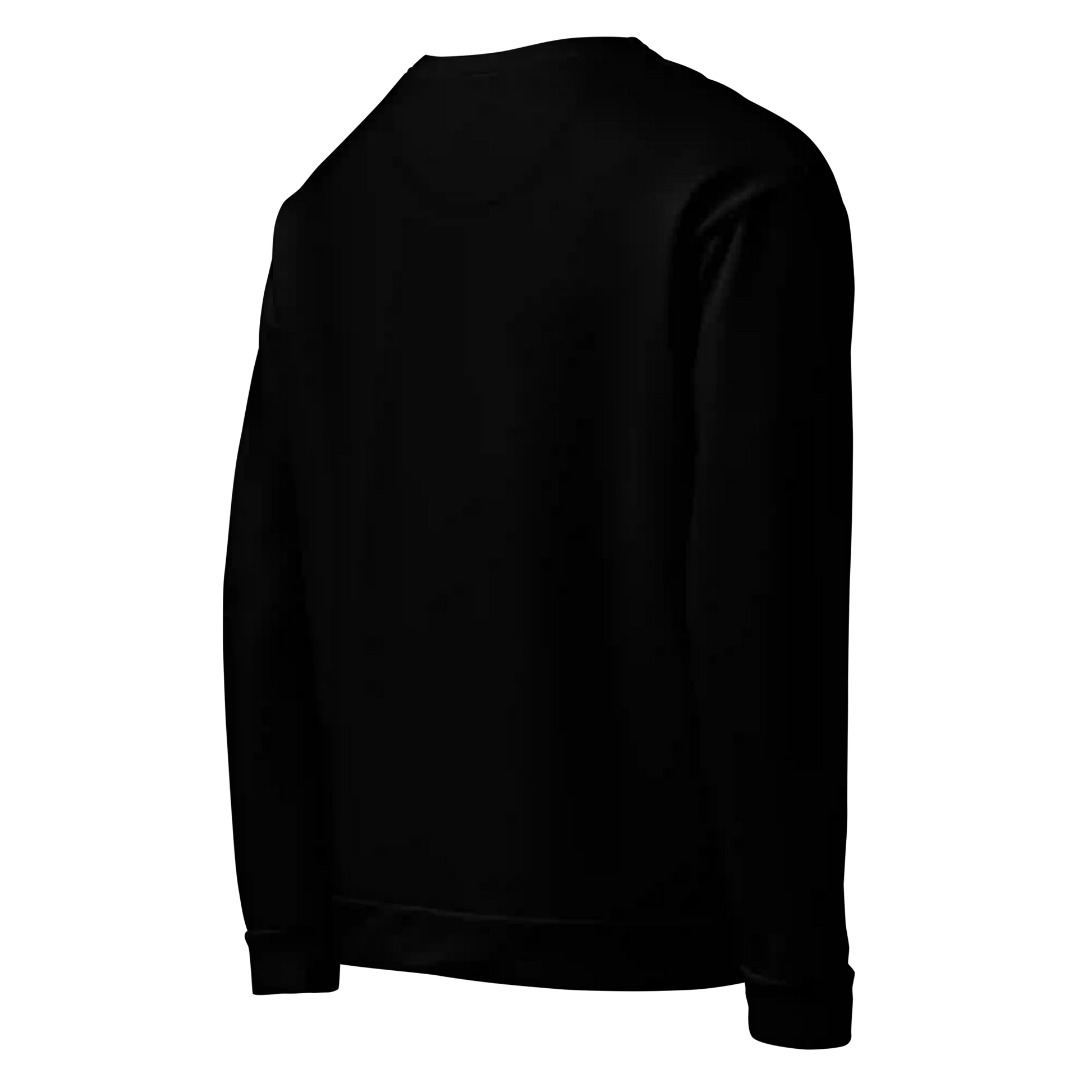 Black sweatshirt on ghost mannequin, angled back right view. Shows the black garment's shape from the rear side. Shows side fit on a body form.