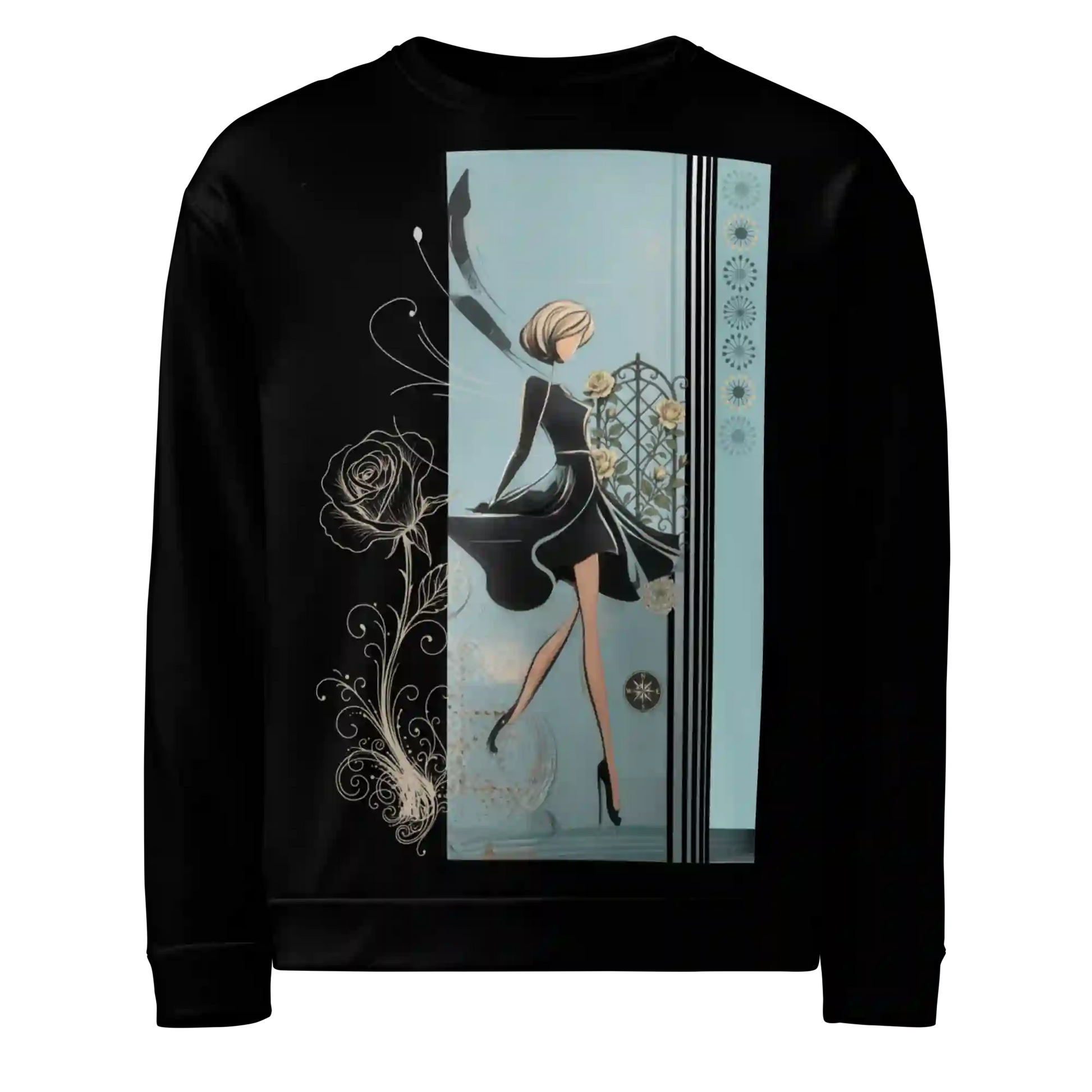 Black sweatshirt on ghost mannequin, front view. Features a large rectangular graphic print on the chest of a stylized figure in a black dress against a blue and abstract background, with a rose graphic. Shows front fit on a body form.