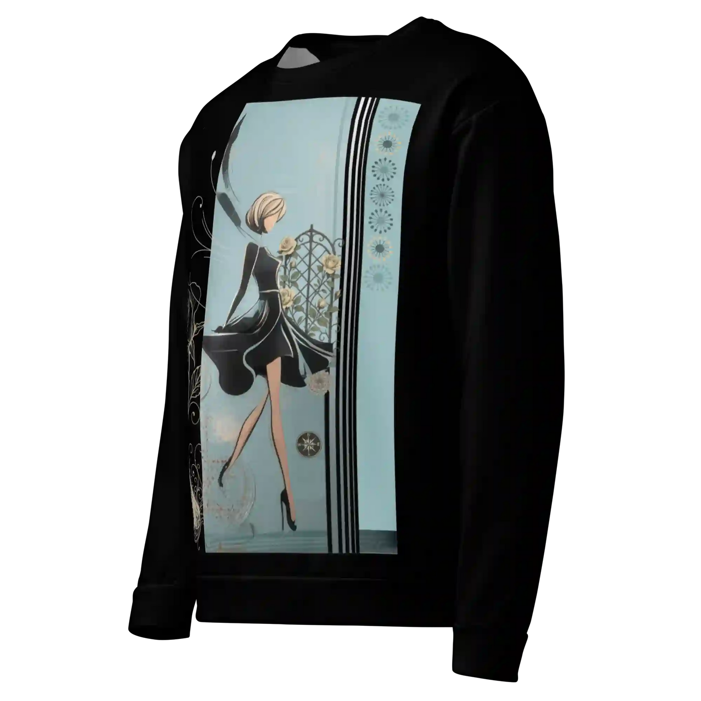 Black sweatshirt on ghost mannequin, angled front left view. Shows the black garment's shape and the print wrapping slightly onto the side. Shows side fit on a body form.