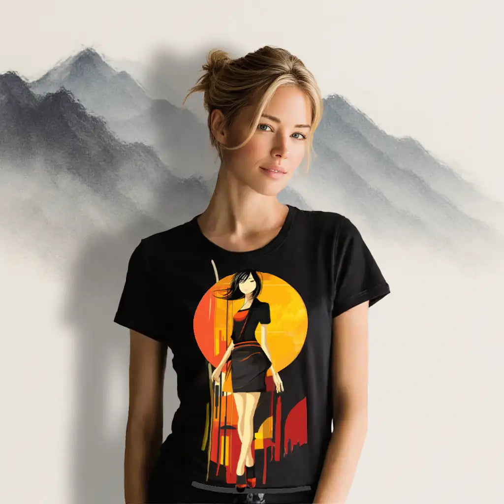 Female model wearing a black t-shirt with a stylized art print featuring a figure in a black dress against an orange and red sunset and abstract cityscape background, standing against an artistic mountain backdrop. Shows the wearable art t-shirt's fit and lifestyle context.