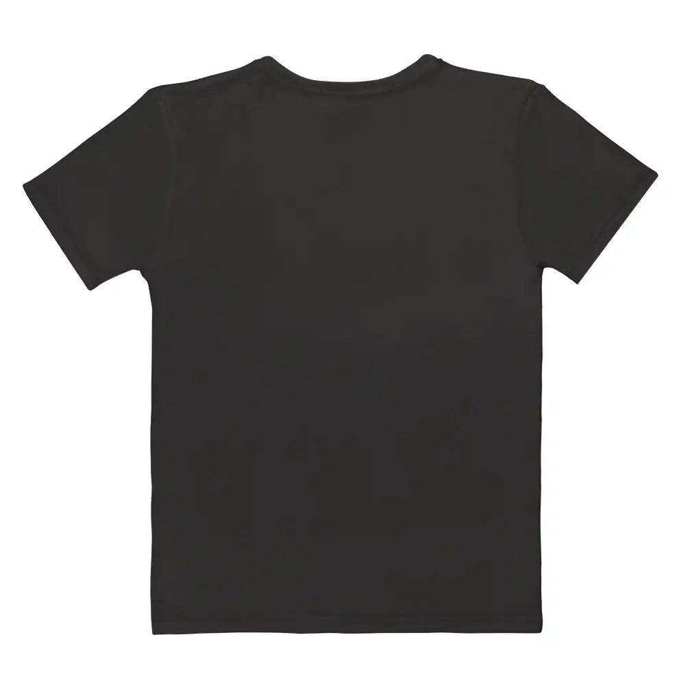Black t-shirt, flat lay back view. Garment is plain black with no print.