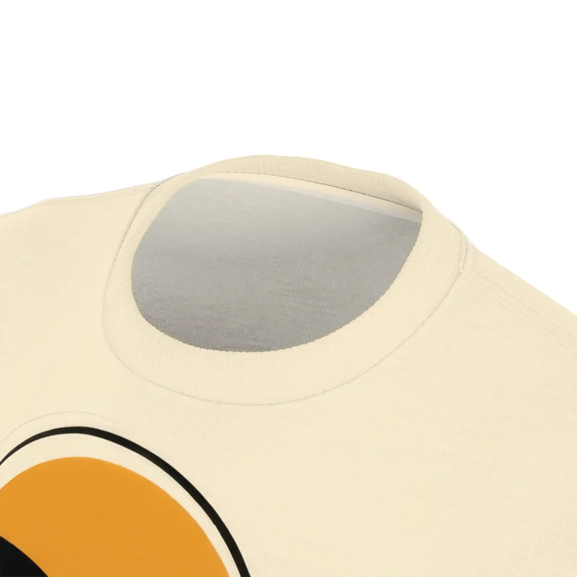 Image of the cream t-shirt with icons and text highlighting product features, such as neckline style, fit and fabric type.