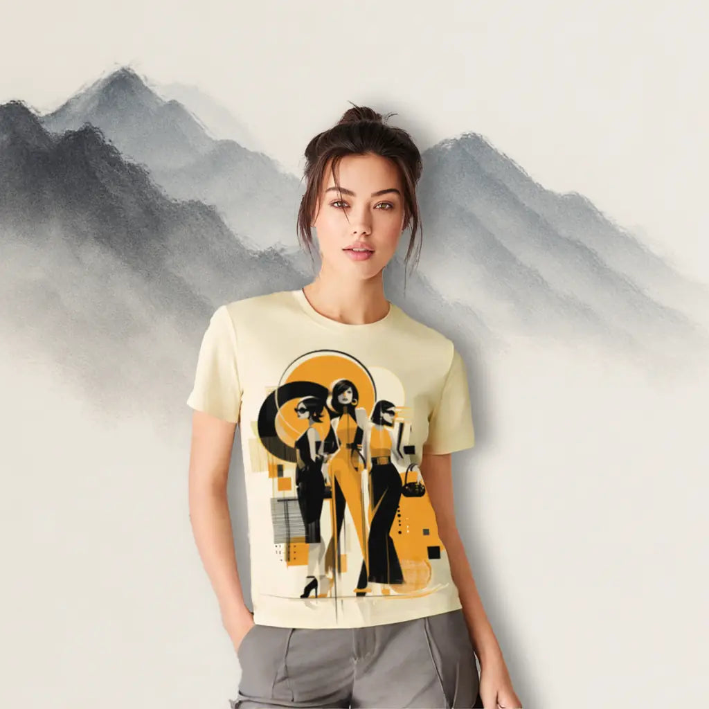 Female model wearing a cream t-shirt with a stylized art print of three figures integrated into a geometric and abstract design in black, orange, and yellow, standing against an artistic mountain backdrop. Shows the wearable art t-shirt's fit and lifestyle context.