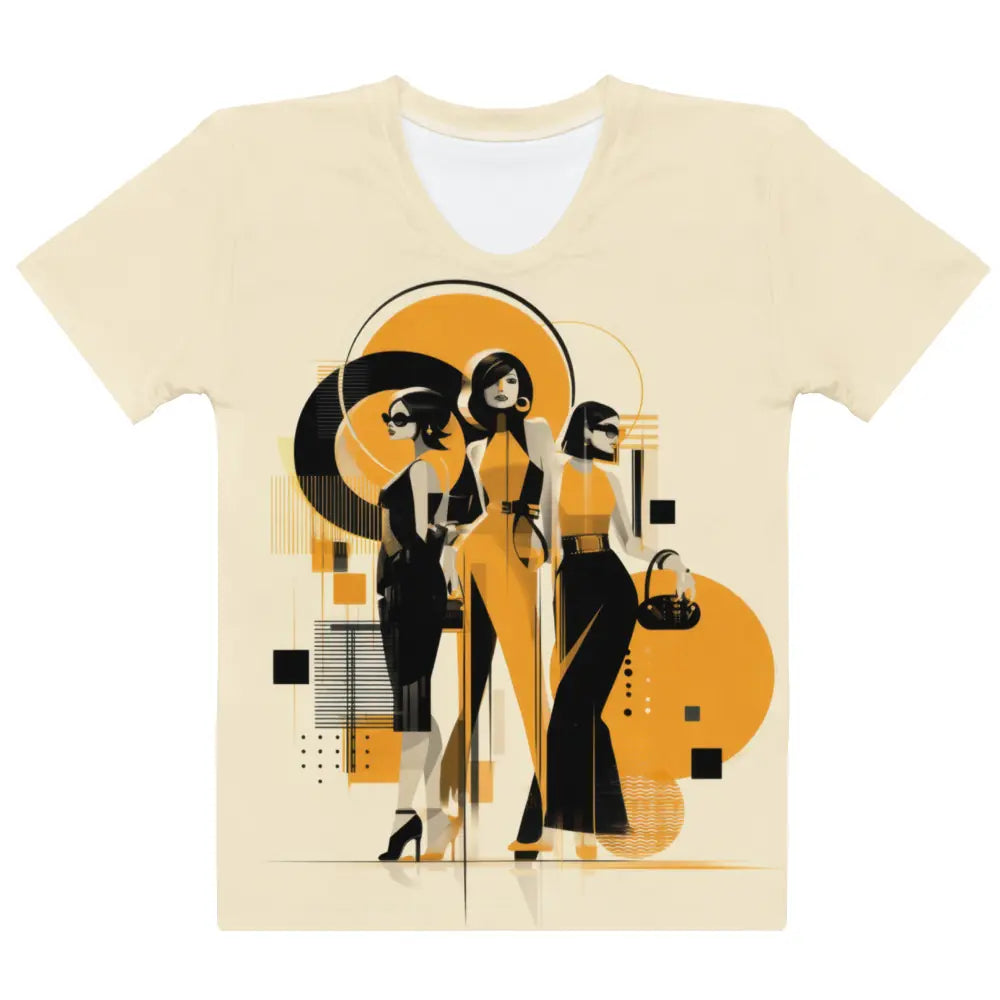 Cream t-shirt, flat lay front view. Features a large graphic print on the chest of three stylized figures integrated into a geometric and abstract design in black, orange, and yellow. Shows the full print design clearly.