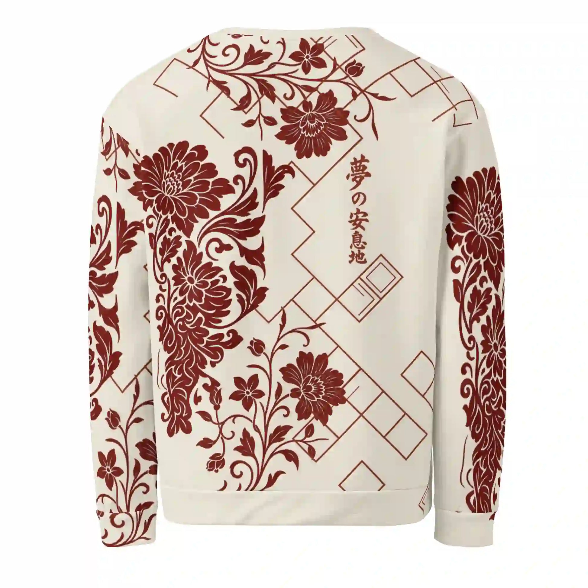 White sweatshirt on ghost mannequin, back view. Features an all-over red floral and geometric print, including Japanese text characters. Shows back fit on a body form.