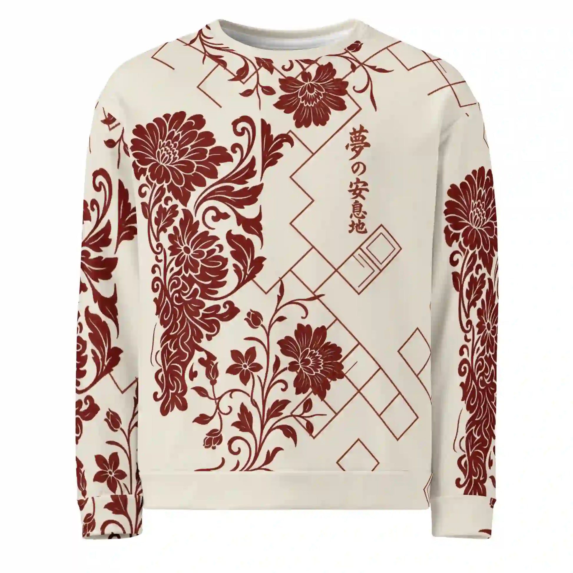 White sweatshirt on ghost mannequin, front view. Features an all-over red floral and geometric print. Shows front fit on a body form.