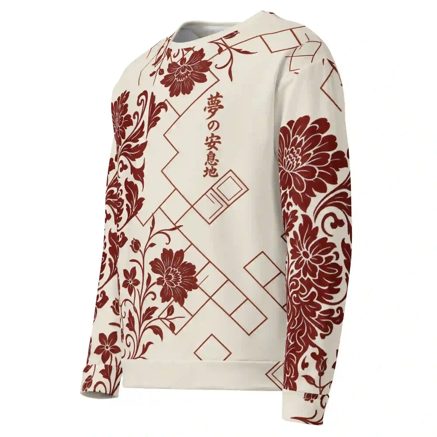 White sweatshirt on ghost mannequin, angled front left view. Shows the red floral and geometric print wrapping from the front to the side and onto the left sleeve. Shows side fit on a body form.