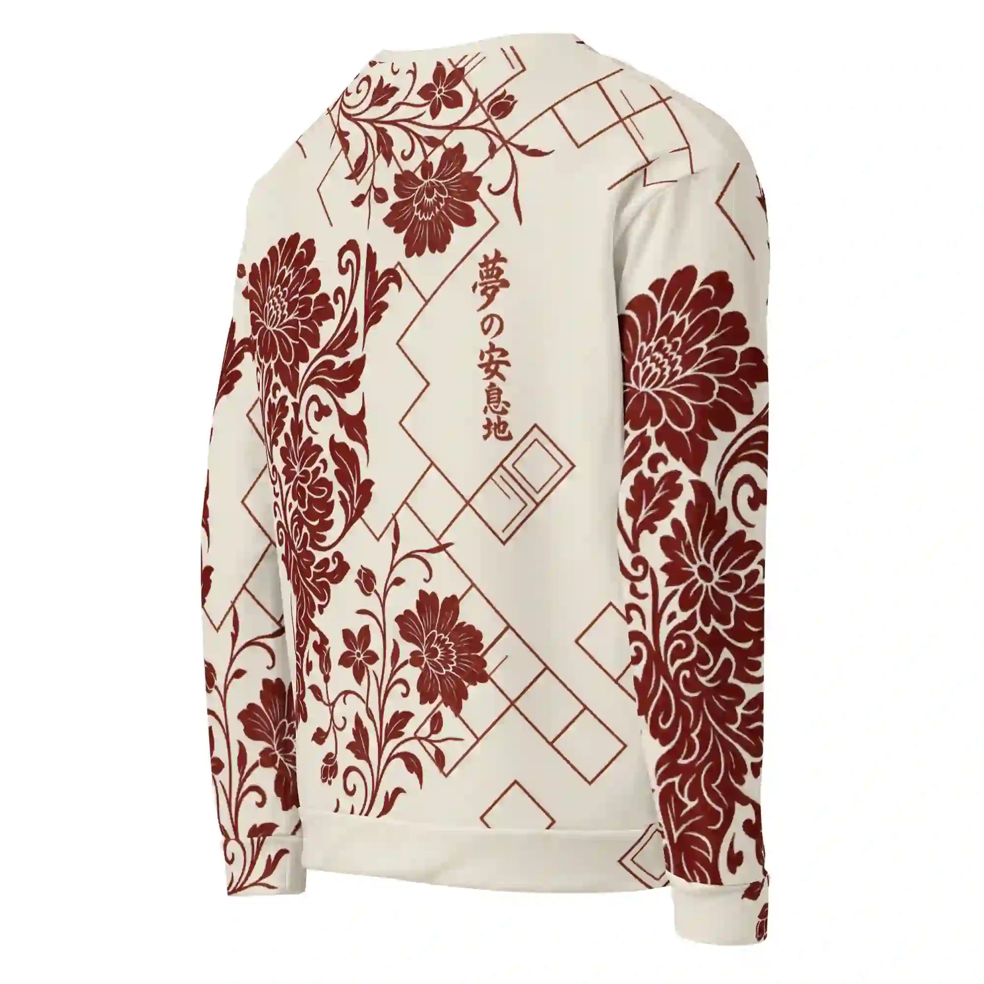 White sweatshirt on ghost mannequin, angled back right view. Shows the red floral and geometric print wrapping from the back to the side and onto the right sleeve, including Japanese text characters. Shows side fit on a body form.