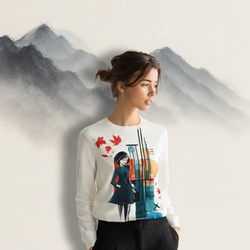 A person wearing the white 'Autumnal Muse' sweatshirt to showcase its comfortable, relaxed unisex fit and how the front graphic looks when worn.