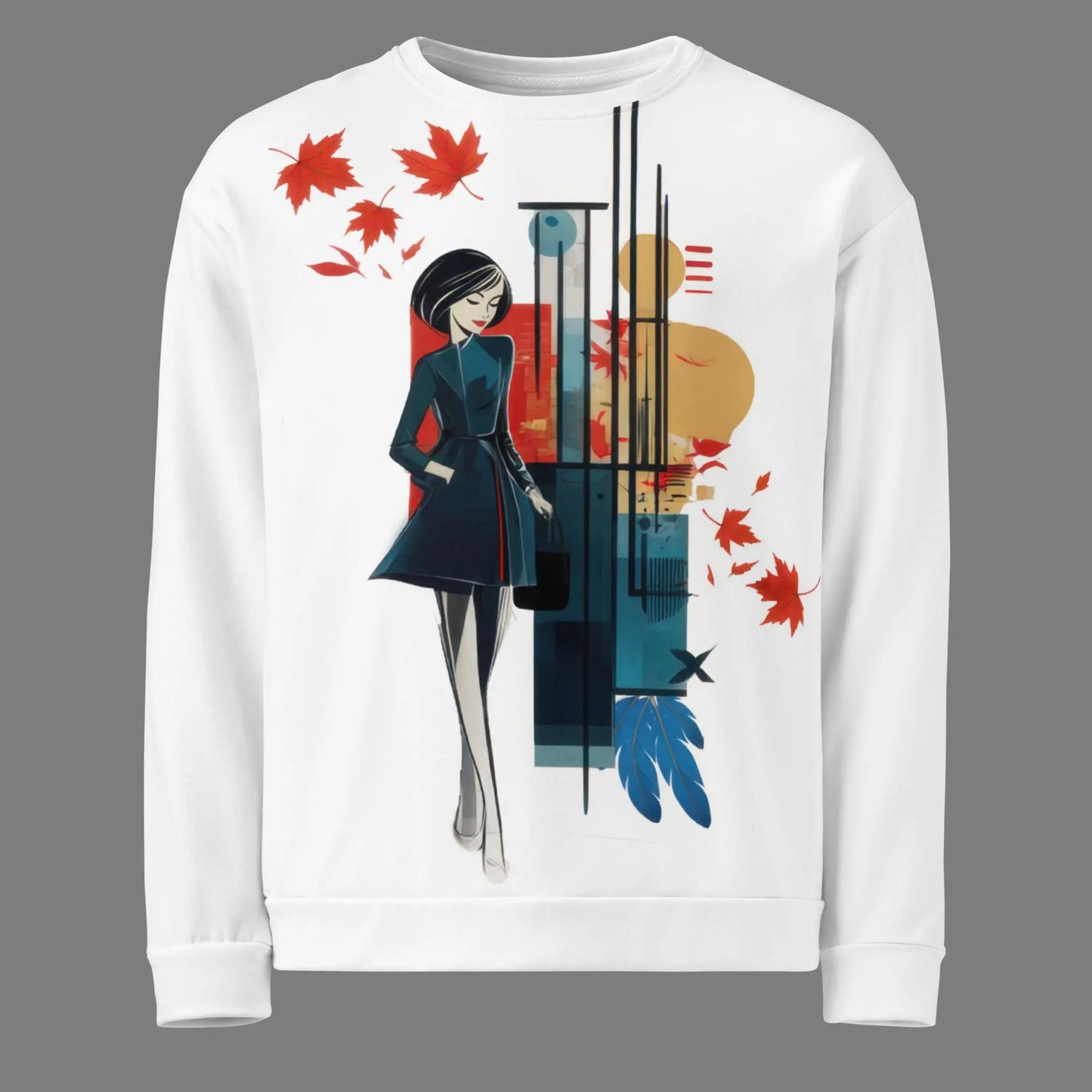 Front view of the 'Autumnal Muse' white graphic sweatshirt, featuring a stylized woman in a trench coat against an abstract background with red maple leaves and geometric shapes.
