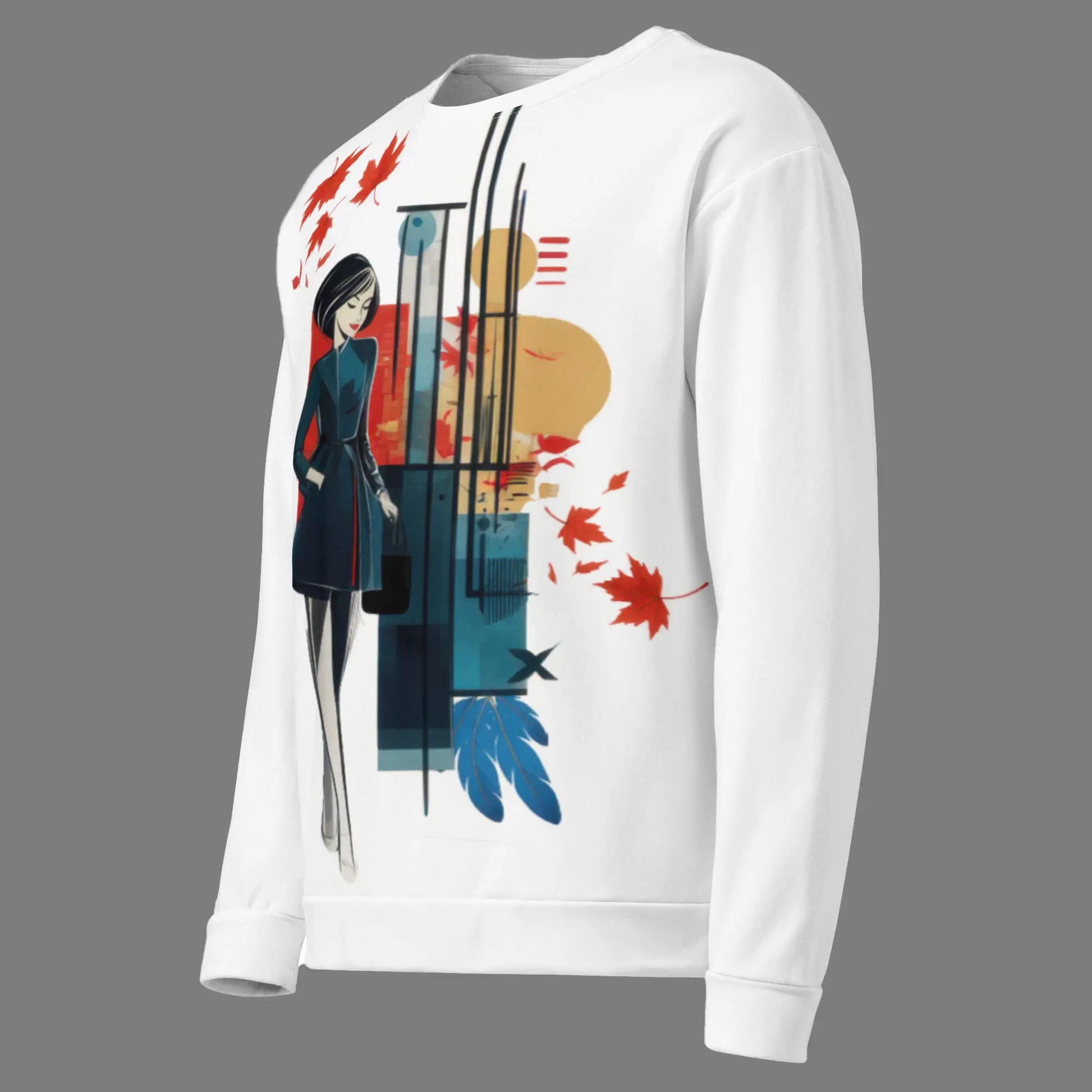 Front-left angled view of the white 'Autumnal Muse' graphic sweatshirt, showing the side profile, sleeve construction, and a portion of the abstract art print.