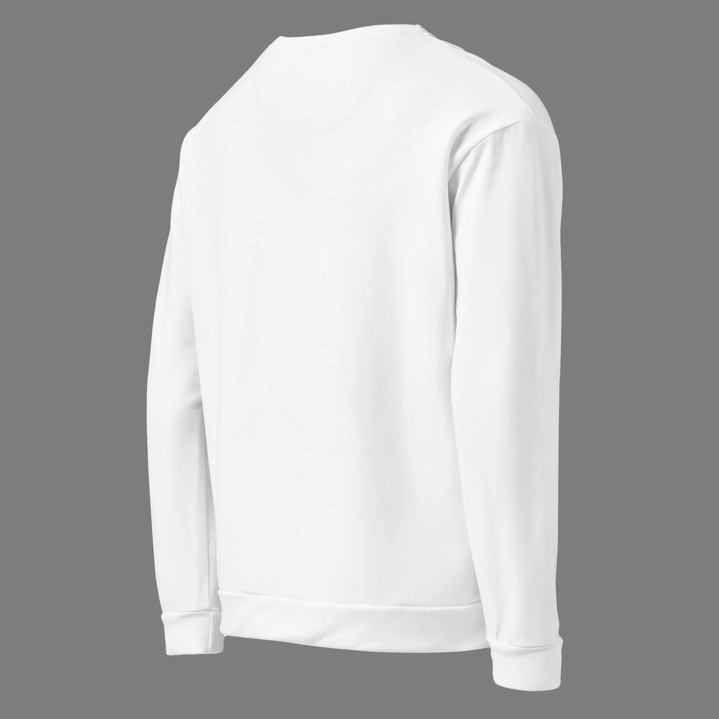 Rear-right angled view of the 'Autumnal Muse' sweatshirt, displaying the solid white back, sleeve, and ribbed cuff and hem detail.