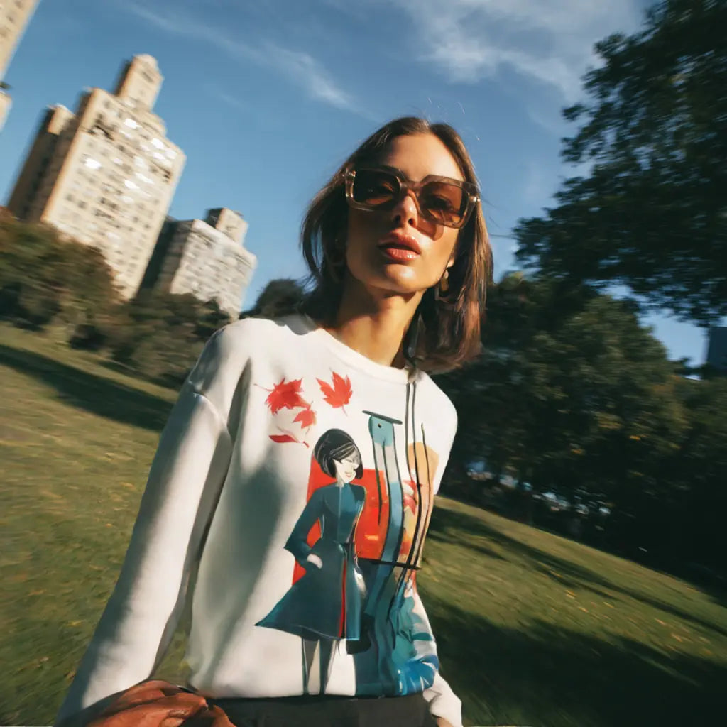 Lifestyle photo of someone styled in the white 'Autumnal Muse' graphic sweatshirt, showing how the artistic piece complements an everyday outfit in a natural, modern setting.