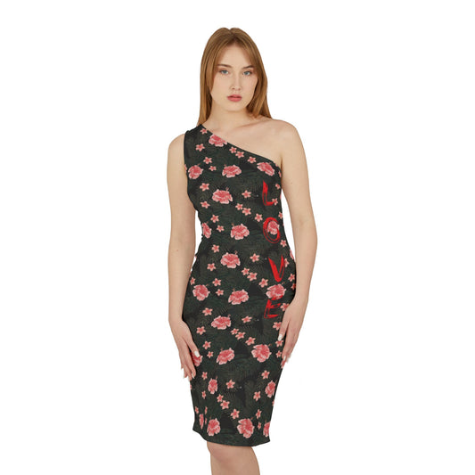 Formal black evening dress, Black Floral LOVE dress, Cocktail Party Dress, Black dress for special occassions, Black dress with floral print, flower dress, love dress, Chic single shoulder evening gown, Boho Chic dress, Black evening statement dress