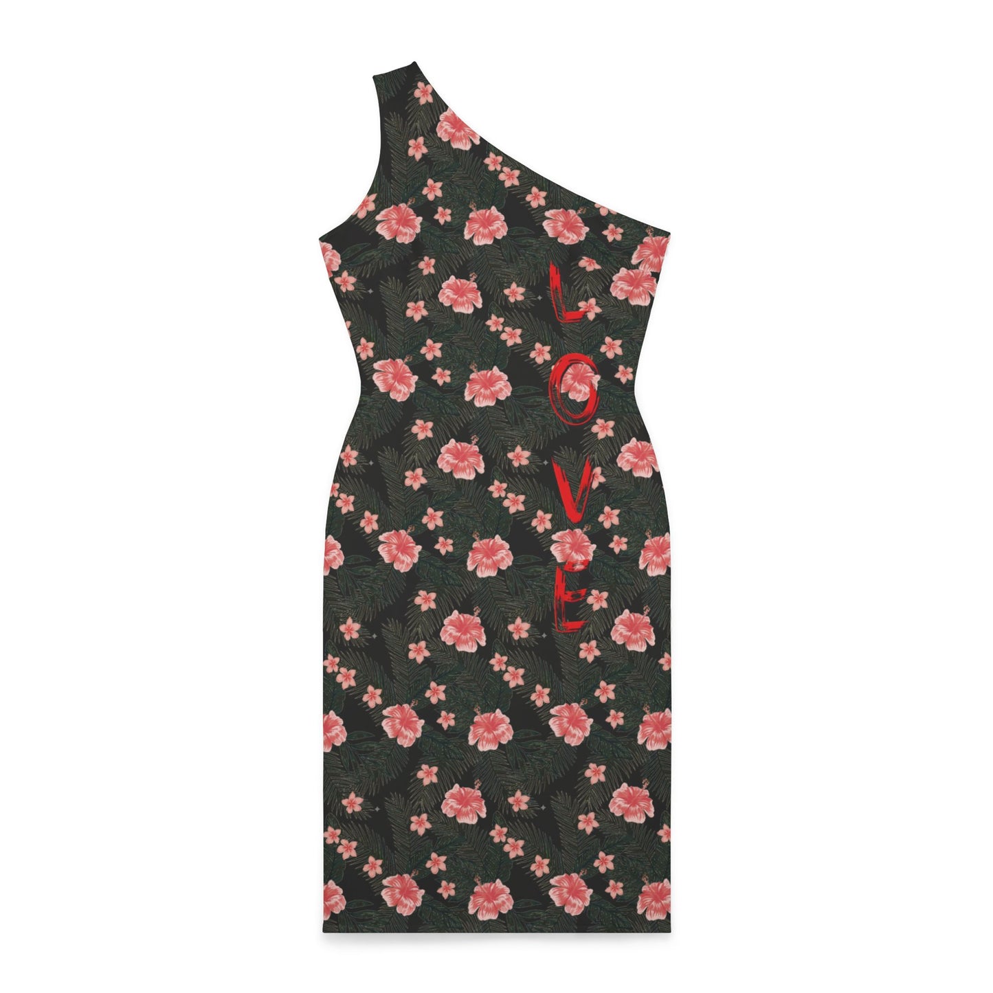 Formal black evening dress, Black Floral LOVE dress, Cocktail Party Dress, Black dress for special occassions, Black dress with floral print, flower dress, love dress, Chic single shoulder evening gown, Boho Chic dress, Black evening statement dress