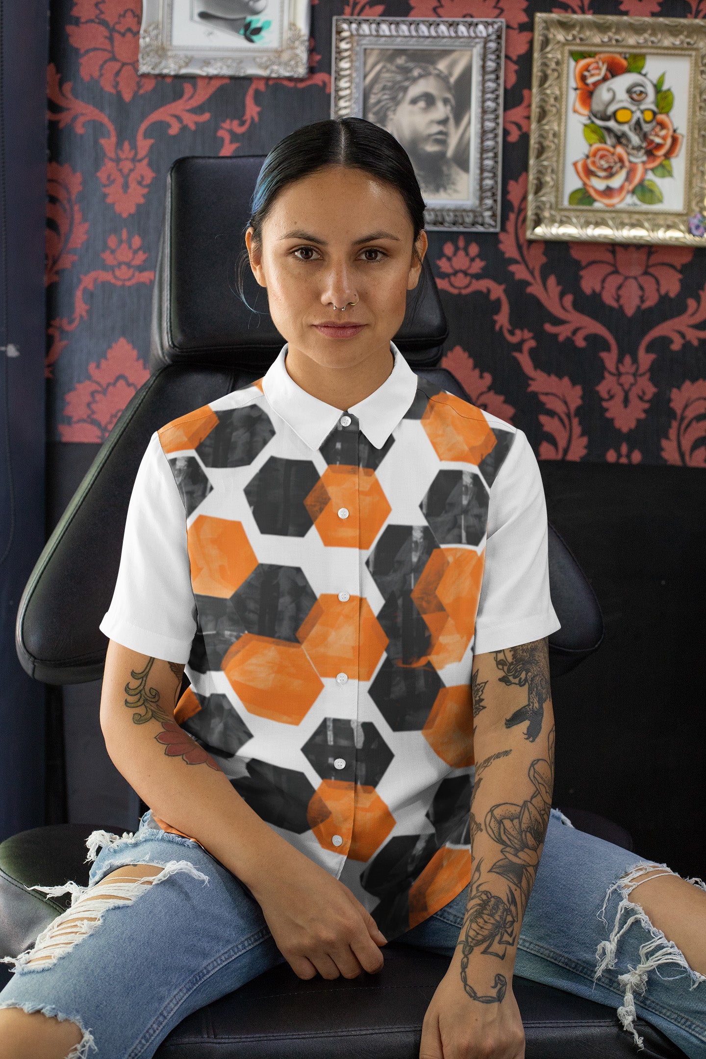 Trendy, Modern, Black and Orange Hexagon Print Shirt, Geometric Top