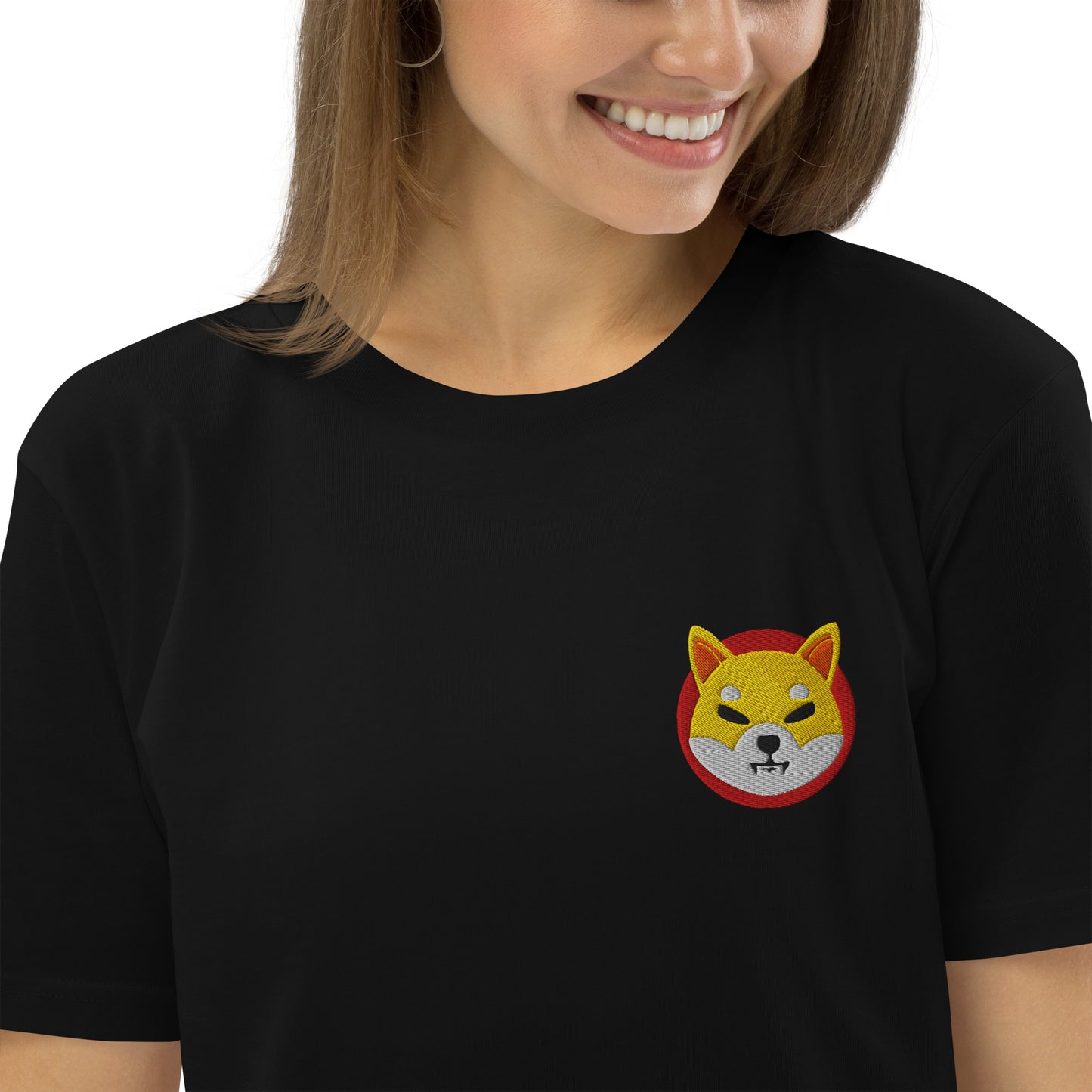 Chibi fox unisex organic cotton t-shirt with embroidered fox emblem. Soft, sustainable, and stylish for casual wear. Ethical and eco-friendly fashion.