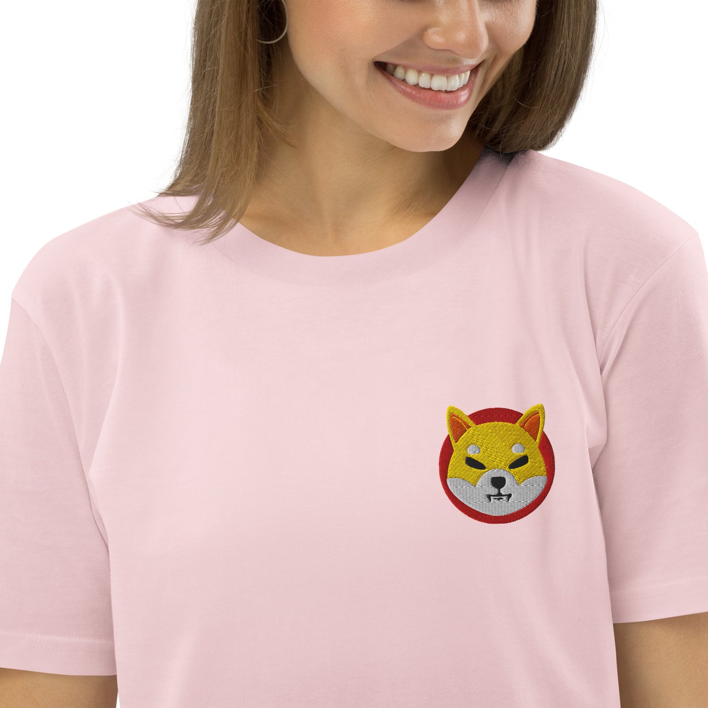 Chibi fox unisex organic cotton t-shirt with embroidered fox emblem. Soft, sustainable, and stylish for casual wear. Ethical and eco-friendly fashion.