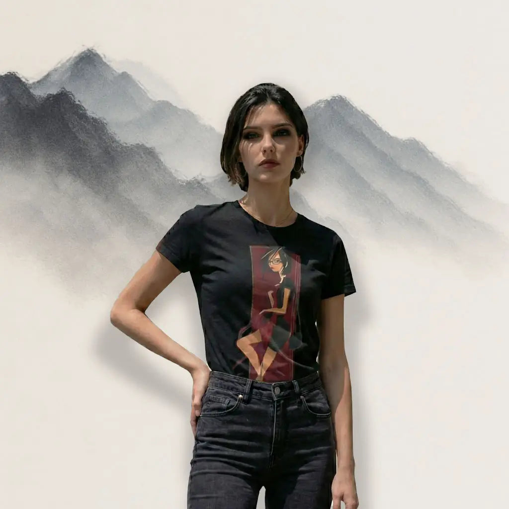 A woman wearing a black T-shirt featuring a stylized fashion illustration of a seated woman in red and gold tones, standing against a soft painted mountain-style studio backdrop.