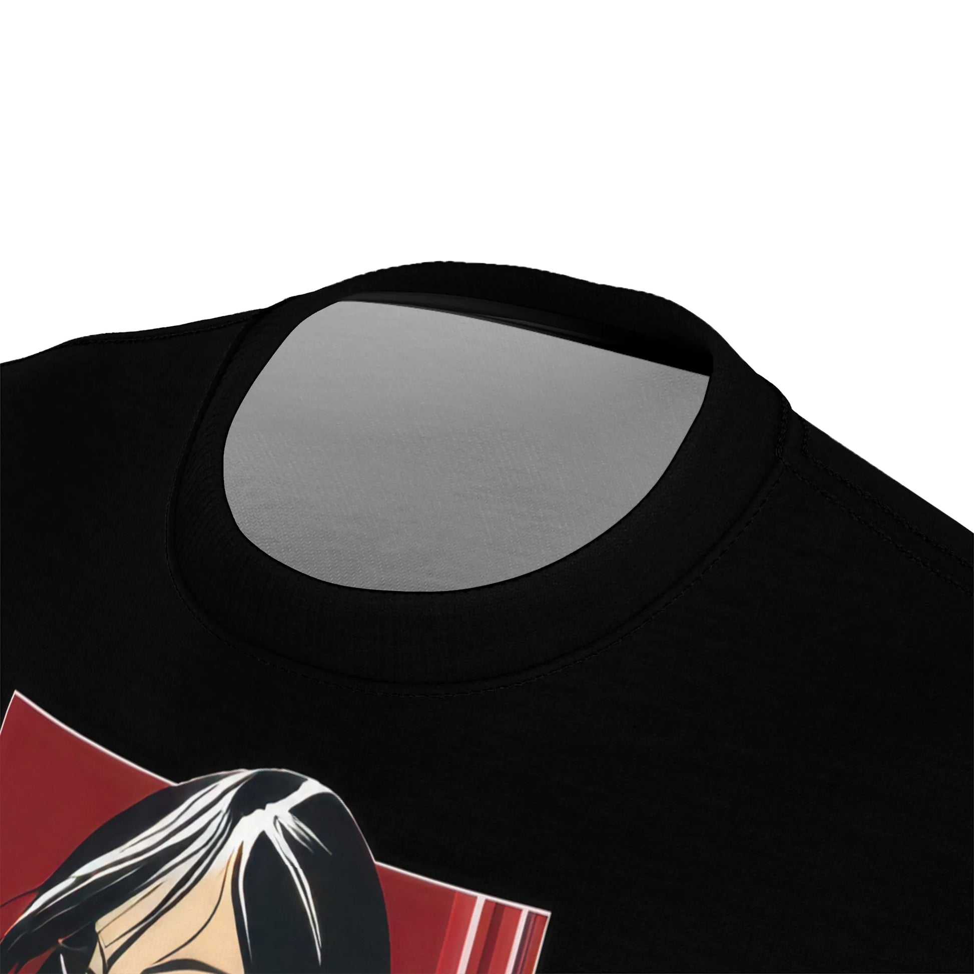 Close-up views of the black t-shirt fabric, neckline ribbing, and seams. Shows material texture and construction details.