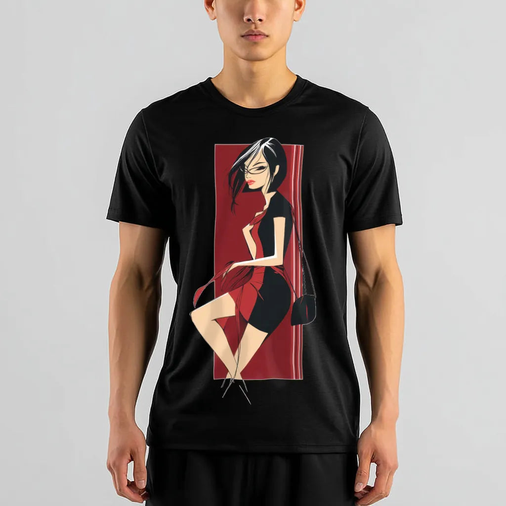 Black t-shirt on male model, front view in a neutral pose. Features a large rectangular graphic print on the chest of a stylized woman in a black and red dress against a red background. Shows fit on a male body.