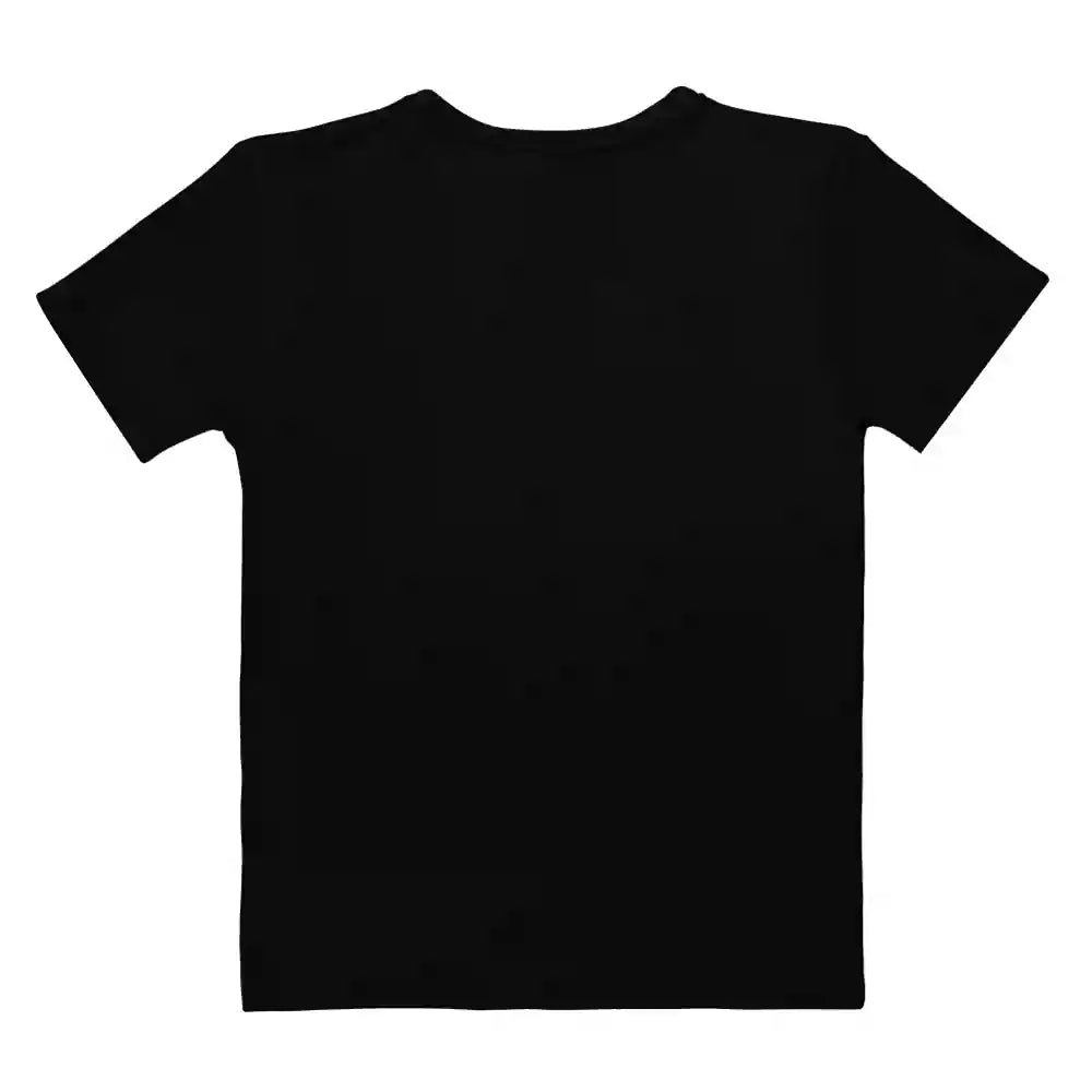 Black t-shirt, flat lay back view. Garment is plain black with no print.