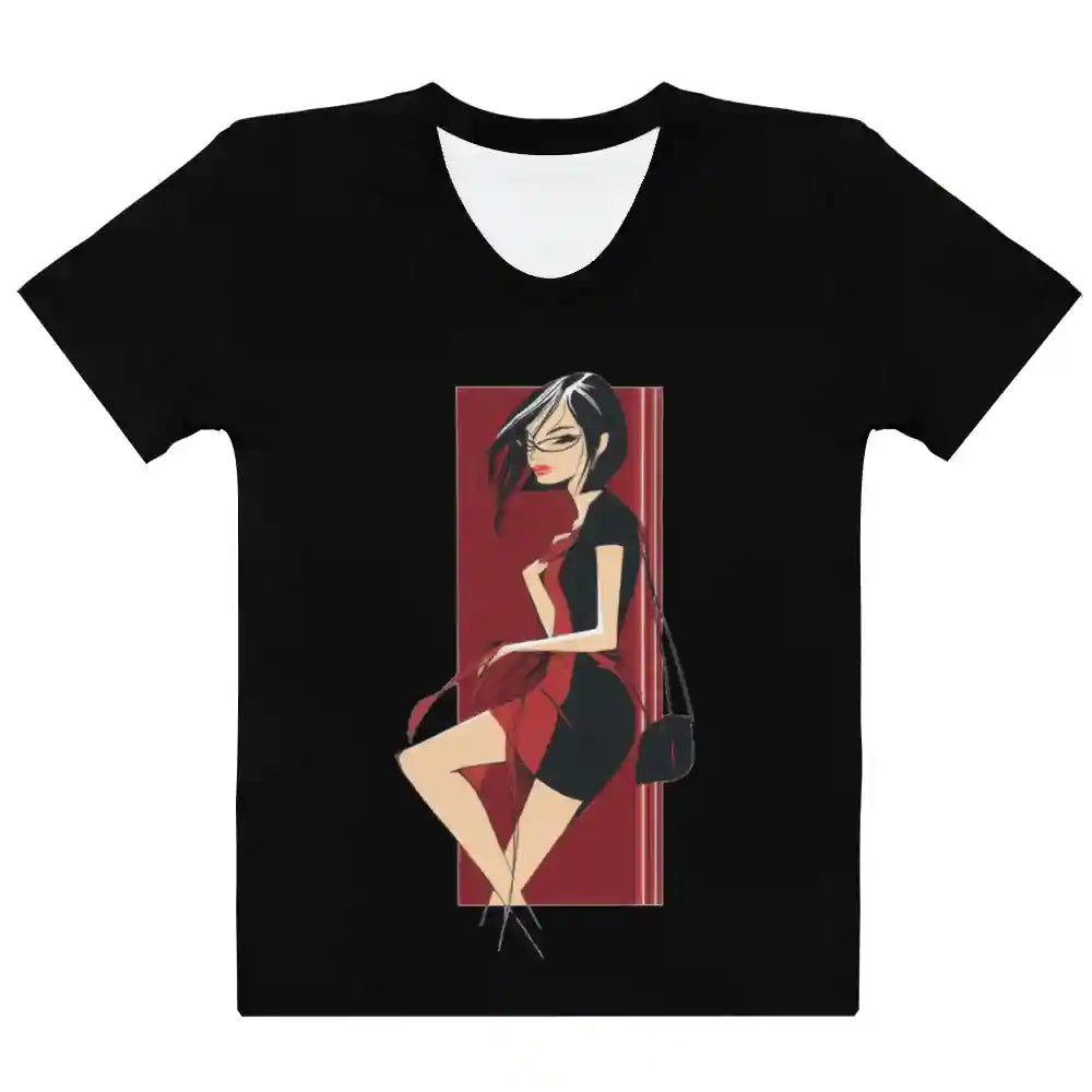 Black t-shirt, flat lay front view. Features a rectangular graphic print on the chest of a stylized woman in a black and red dress against a red background. Shows the full print design clearly.