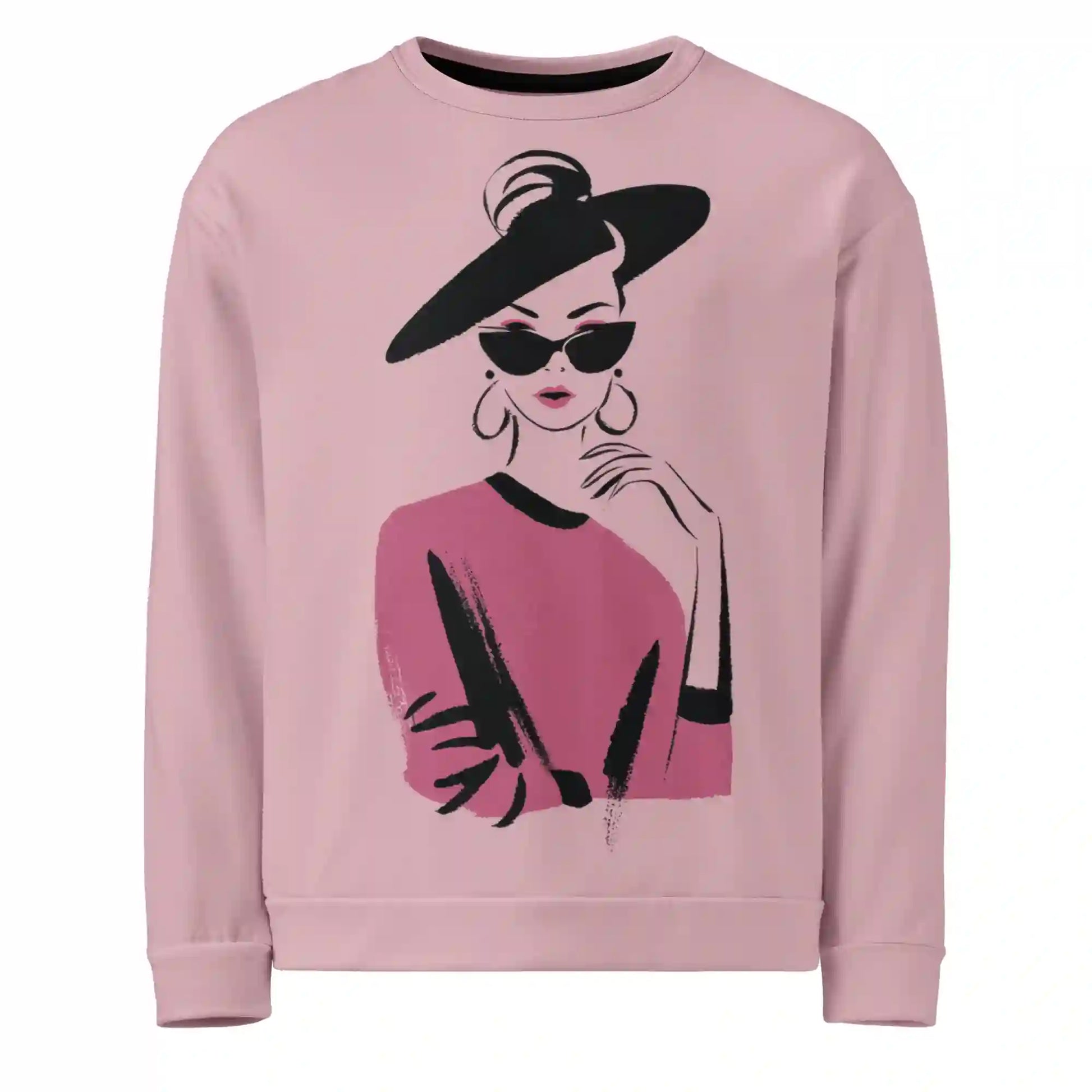 Front view of the 'City Glamour Muse' pink graphic sweatshirt, featuring a chic fashion illustration of a woman in a large black hat and sunglasses.