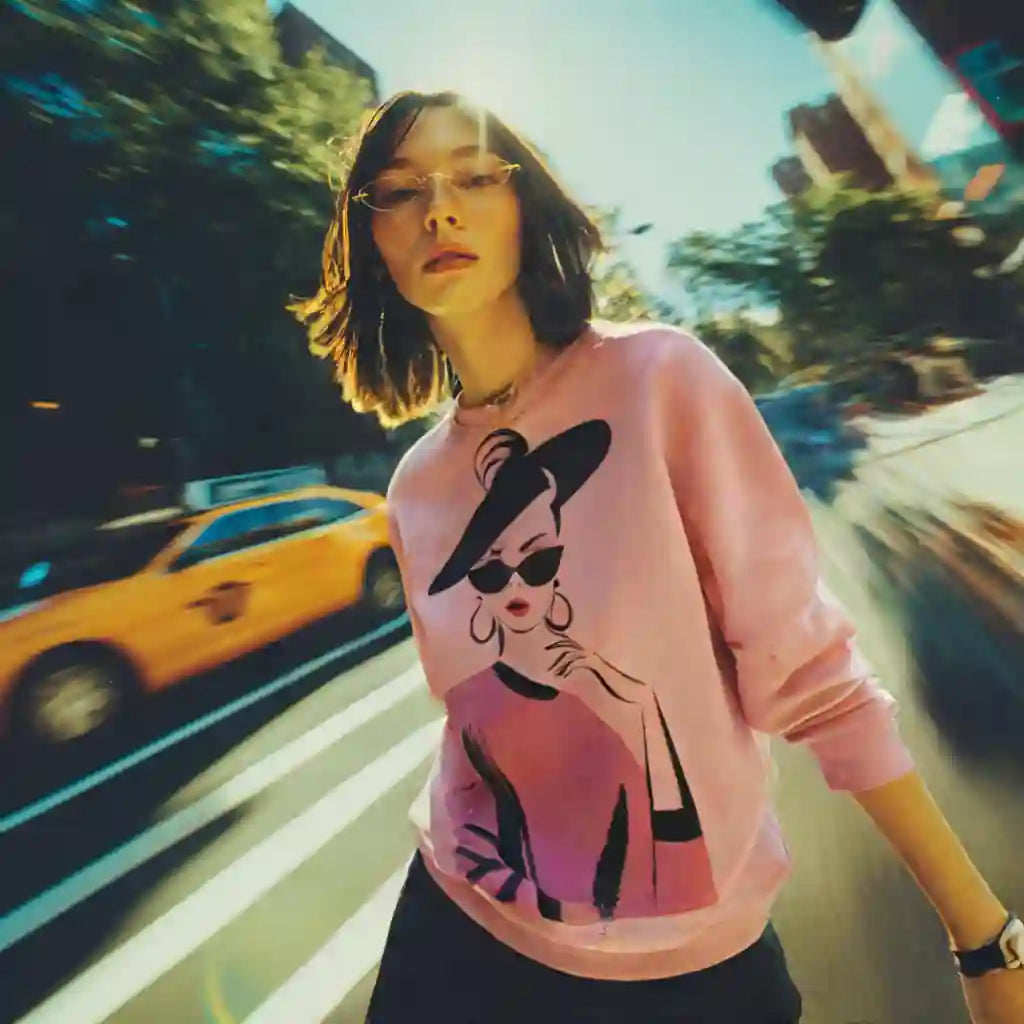 Lifestyle photo of a woman in sunglasses wearing the pink 'City Glamour Muse' graphic sweatshirt in a dynamic, motion-blurred city scene with a yellow taxi.
